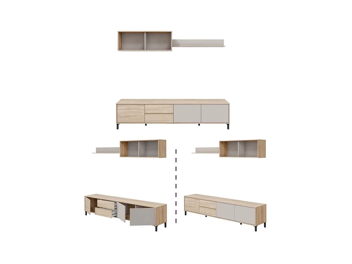 Mueble Tv Bari 3 puertas 2 cajones roble canadian gris cachemir 200 cm