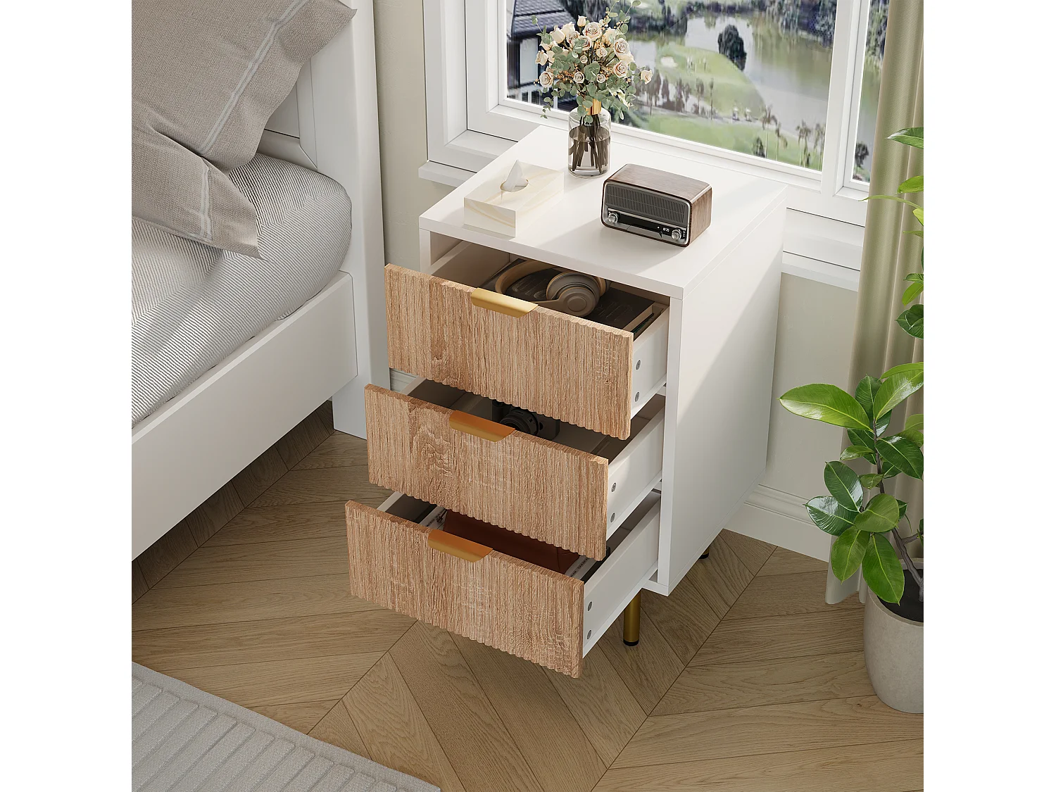 Ensemble De 2 Tables De Chevet, 3 Tiroirs, Pieds Dorés, Style Moderne, Chêne,40x40x65cm