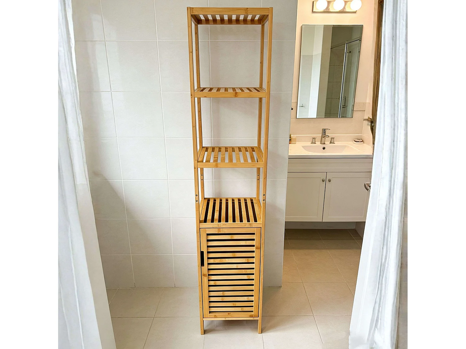 Estantería alta Take baño 4 estantes 1 puerta imantada bambú 170x34x33 cm