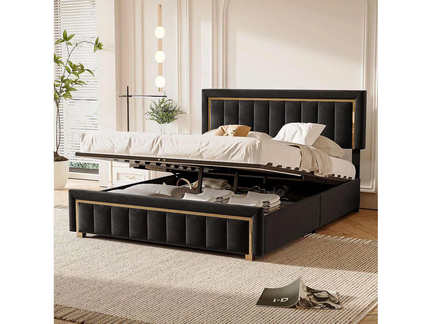 Lit Capiçonné 140 X 200 Cm Avec Détails Dorés, Lit Double Moderne Avec Tête De Lit Et Sommier À Lattes, Revêtement En Flanelle, Matelas Non Inclus