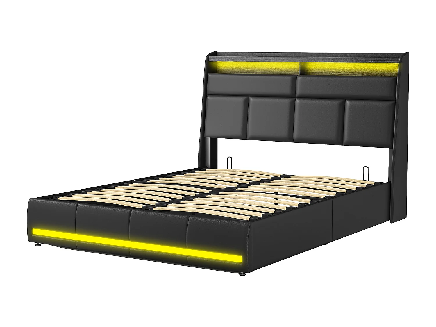 Lit Capiçonné 160 X 200 Cm Avec Éclairage Led, Lit Double Moderne Avec Tête De Lit Et Sommier À Lattes, Revêtement En Similicuir Noir, Matelas Non Inclus