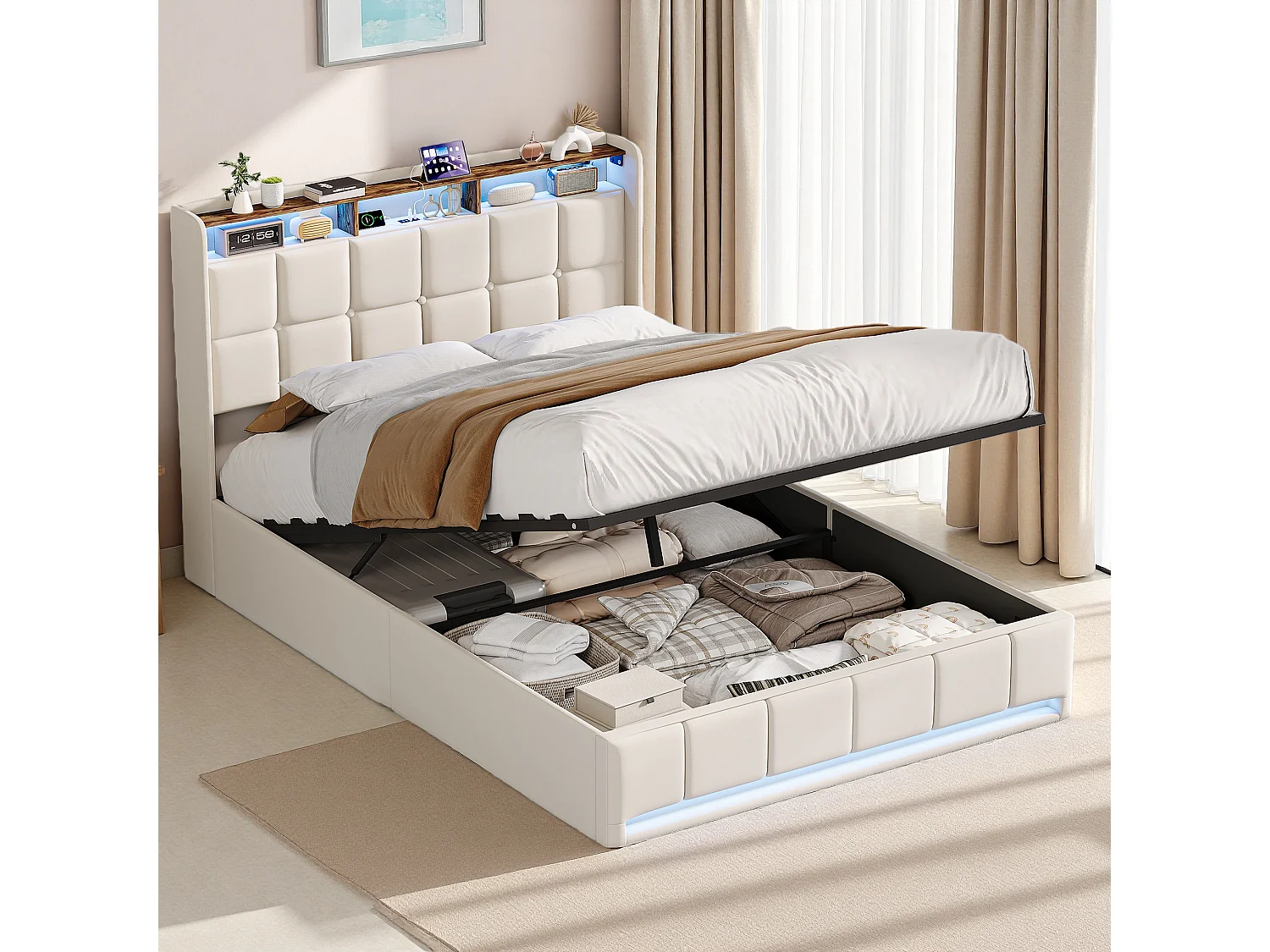 Lit Double 140 X 190 Cm Avec Tête De Lit Led, Commode Capiçonné Avec Ports Usb/Type-C Et Compartiment De Rangement Relevable, Lin Beige