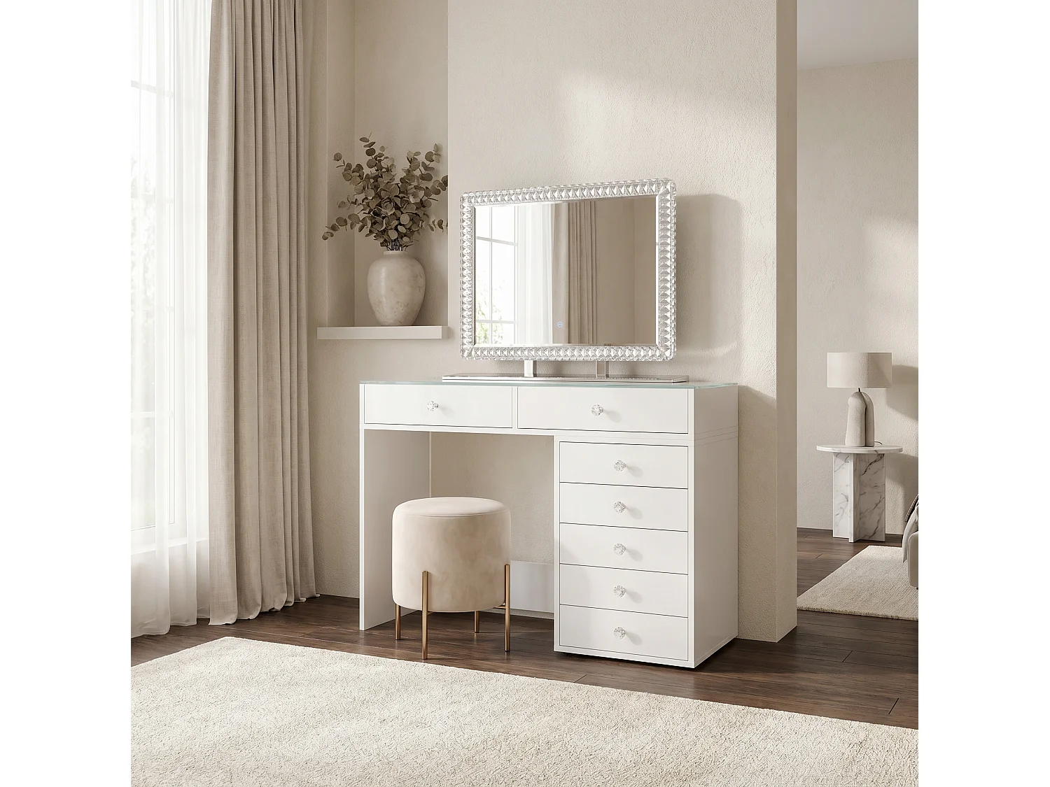 Tocador Homeluxury con espejo LED crystal de 80 cm - Blanco acristalado de 120 cm con 7 cajones
