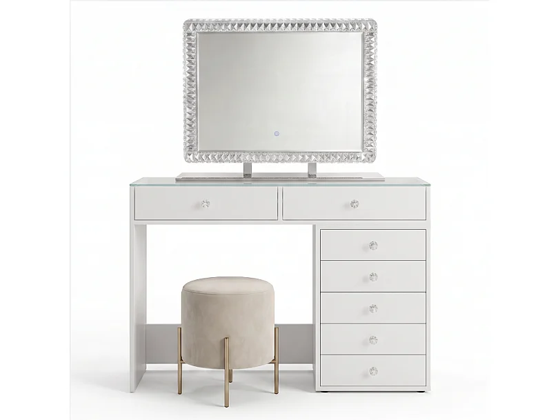 Tocador Homeluxury con espejo LED crystal de 80 cm - Blanco acristalado de 120 cm con 7 cajones