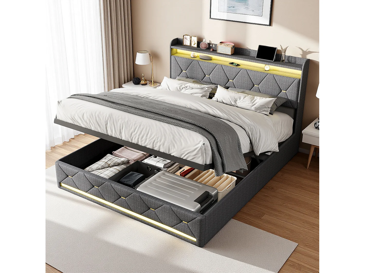 Lit Coffre Capiçonné 140 X 200 Cm, Lit Plateforme En Lin Avec Éclairage Led Rgb Et Station De Recharge, Gris