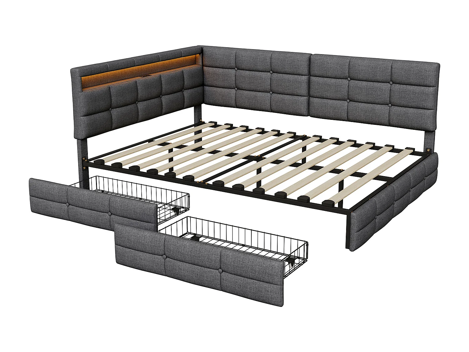 Lit Double, 140 X 200 Cm, En Forme De L, Avec Port De Chargement Usb, Éclairage Led, Tiroir De Rangement, Tissu En Lin, Gris