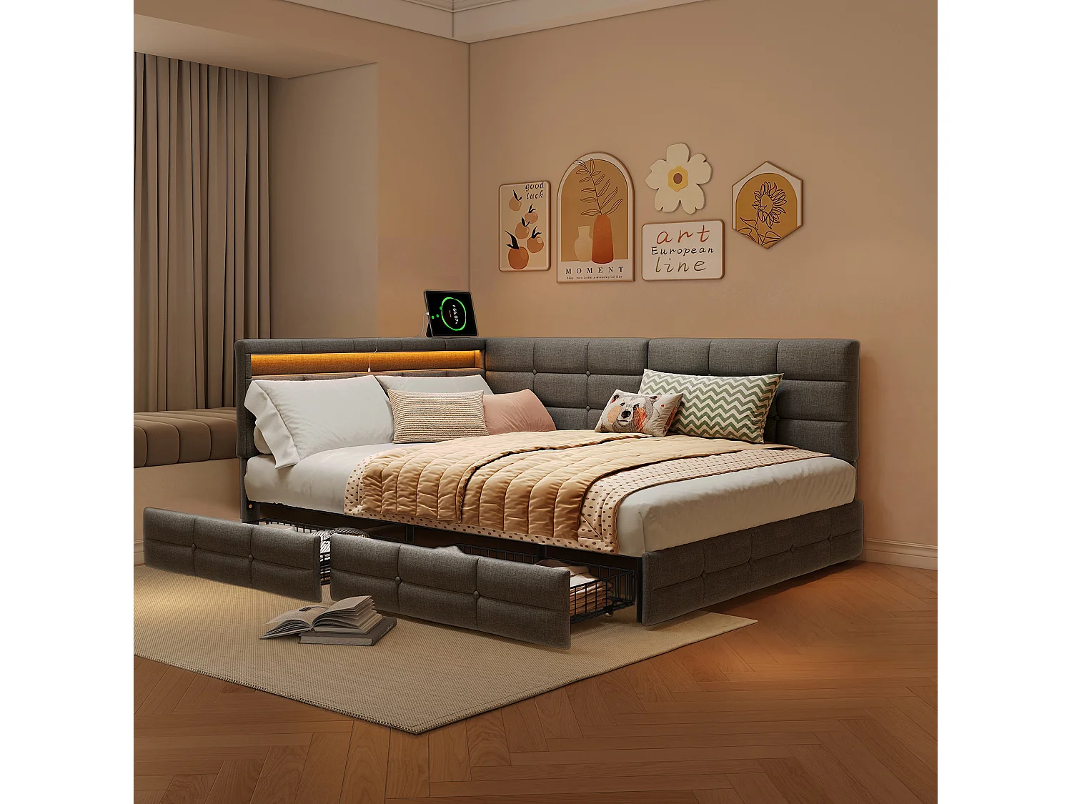 Lit Capiçonné, 140 X 190 Cm, En Forme De L, Avec Port De Chargement Usb, Éclairage Led, Tiroir De Rangement, Revêtement En Lin, Gris