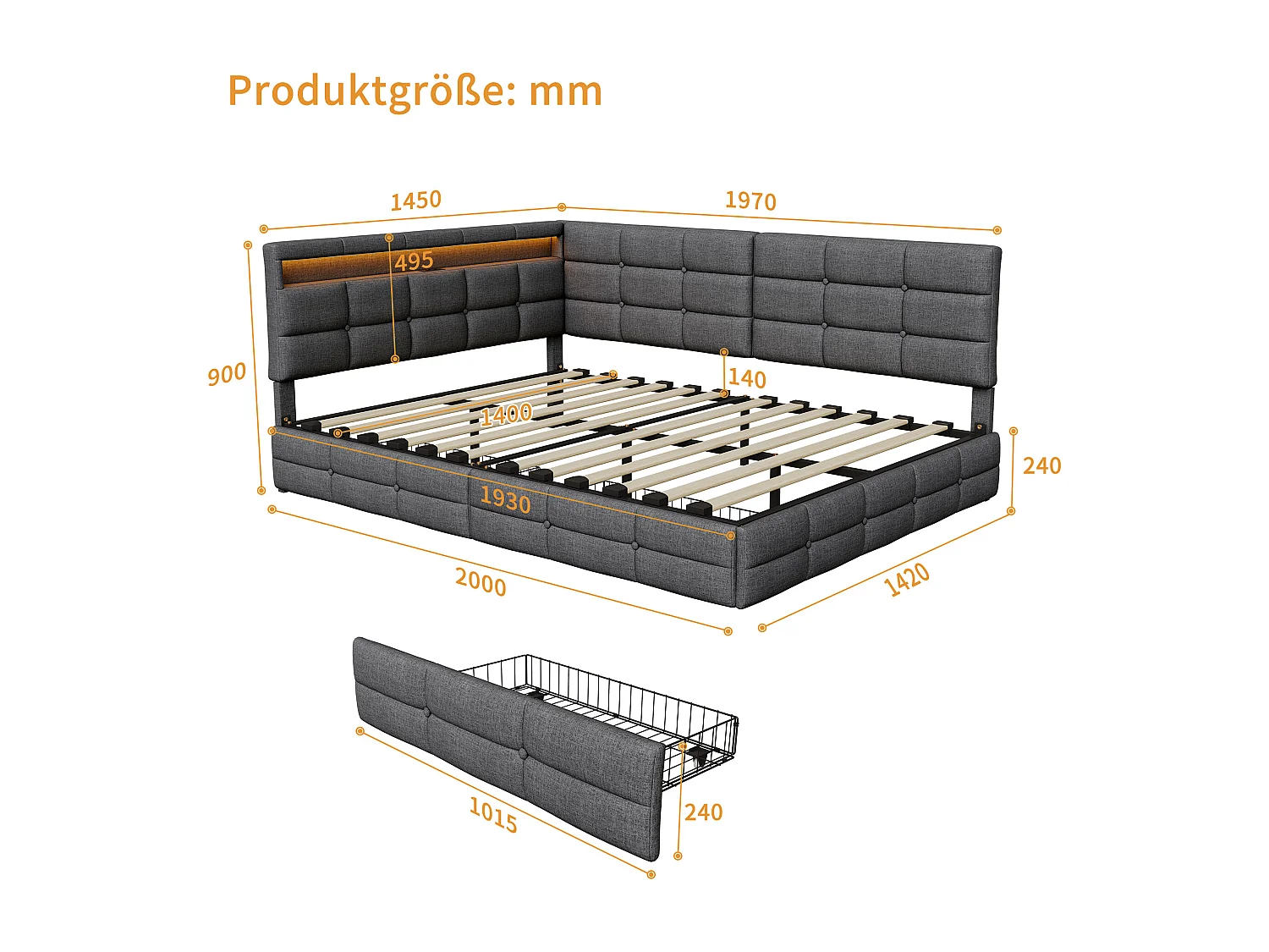 Lit Capiçonné, 140 X 190 Cm, En Forme De L, Avec Port De Chargement Usb, Éclairage Led, Tiroir De Rangement, Revêtement En Lin, Gris