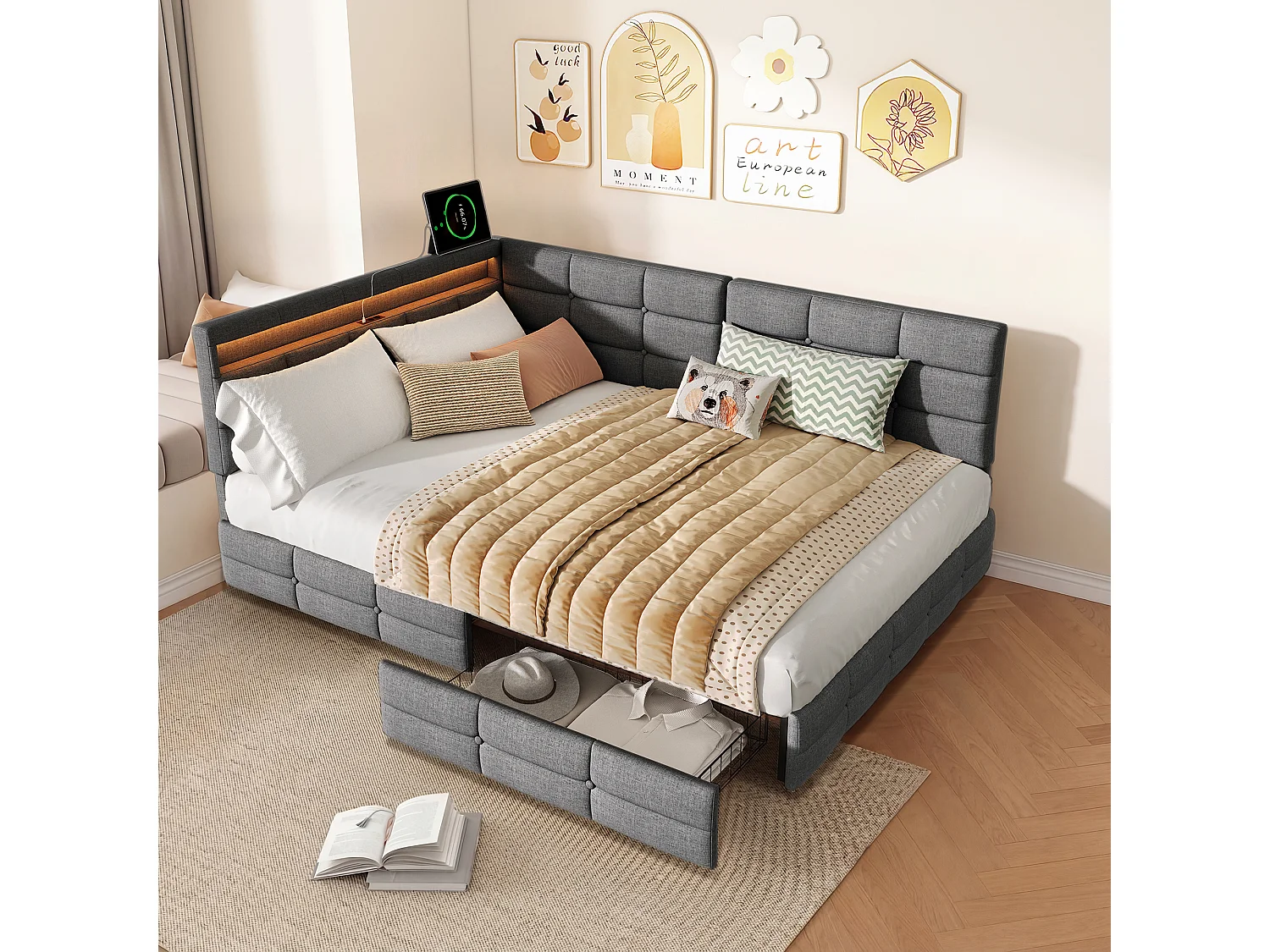 Lit Capiçonné, 140 X 190 Cm, En Forme De L, Avec Port De Chargement Usb, Éclairage Led, Tiroir De Rangement, Revêtement En Lin, Gris