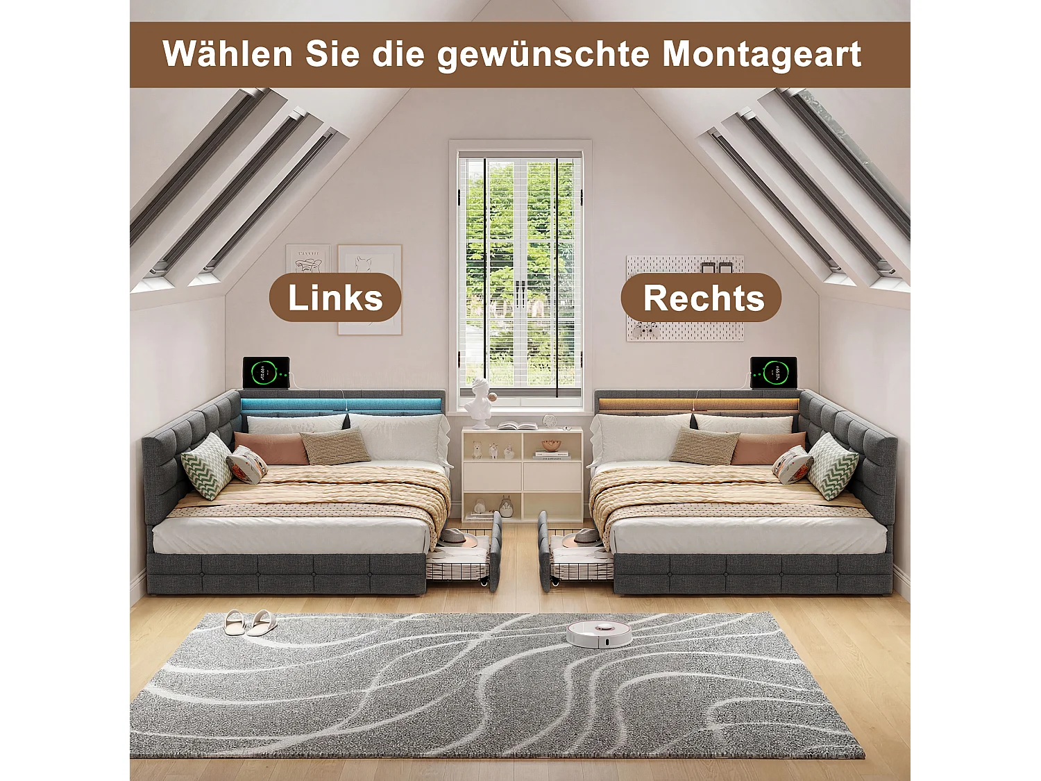 Lit Capiçonné, 140 X 190 Cm, En Forme De L, Avec Port De Chargement Usb, Éclairage Led, Tiroir De Rangement, Revêtement En Lin, Gris
