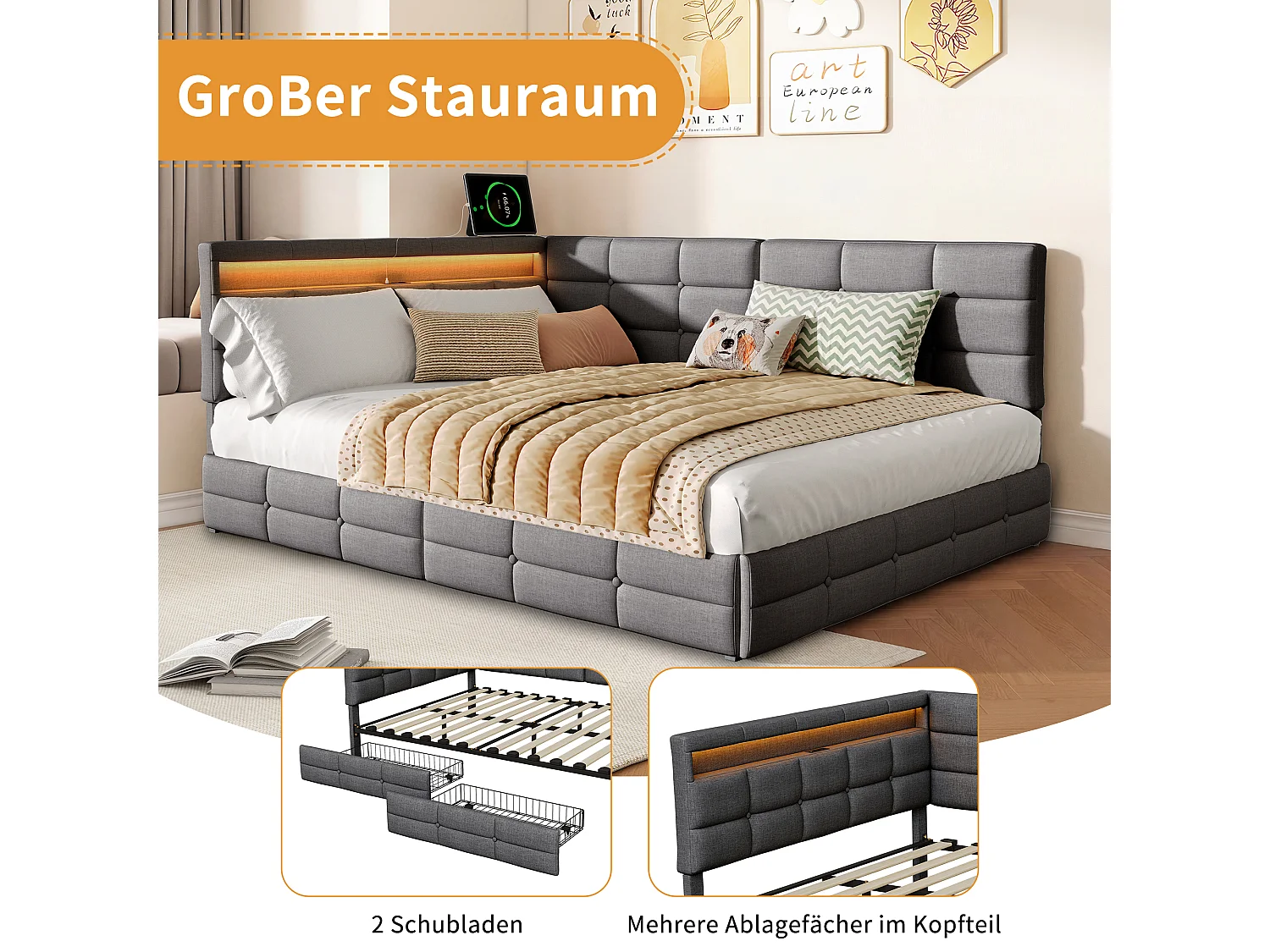 Lit Capiçonné, 140 X 190 Cm, En Forme De L, Avec Port De Chargement Usb, Éclairage Led, Tiroir De Rangement, Revêtement En Lin, Gris