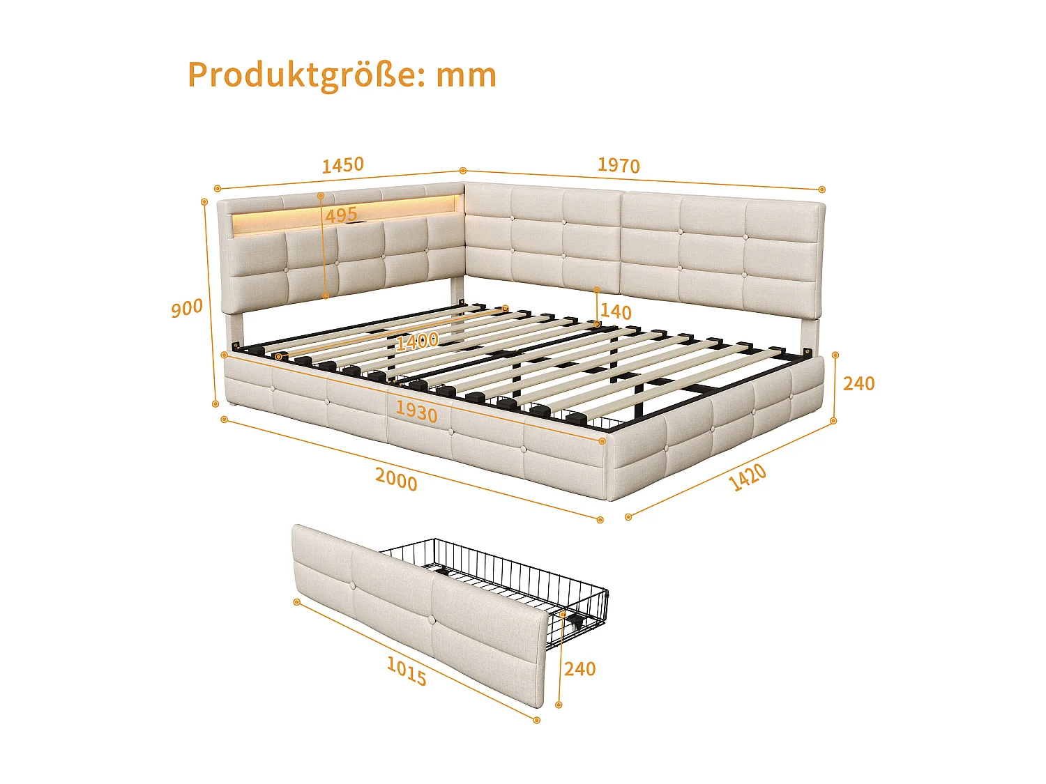 Lit Capiçonné, 140 X 190 Cm, En Forme De L, Avec Port De Chargement Usb, Éclairage Led, Tiroir De Rangement, Revêtement En Lin, Beige