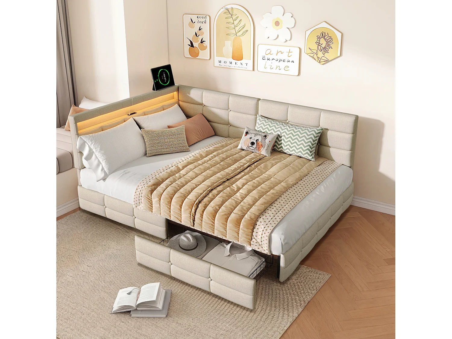 Cadre De Lit Rembourré En Forme De L, 140 X 200 Cm, Avec Port De Chargement Usb, Éclairage Led, Tiroir De Rangement, Revêtement En Lin Beige