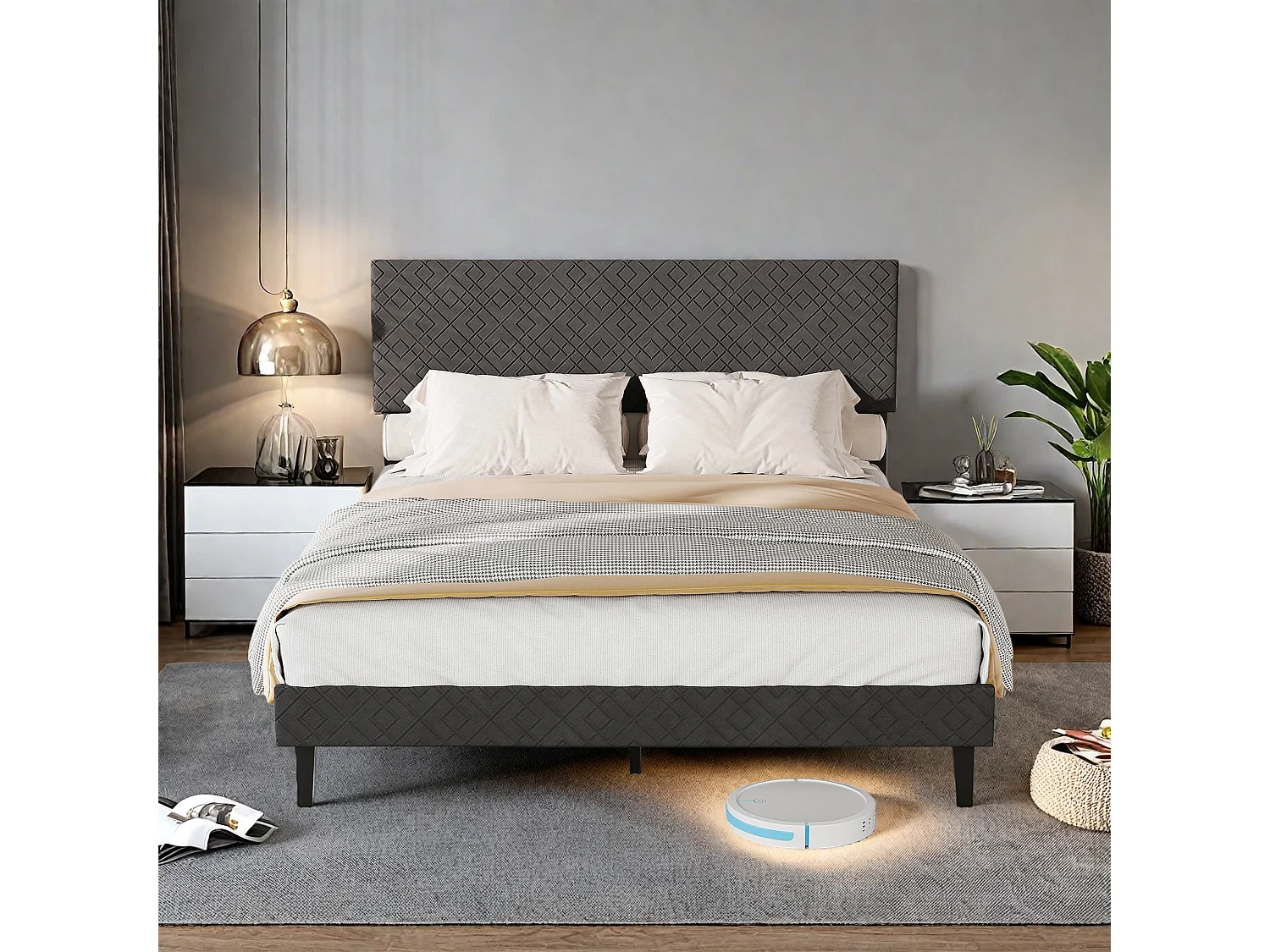 Lit Double 160 X 200 Cm, Cadre De Lit Avec Tête De Lit Et Sommier À Lattes, Gris Fonché, Idéal Pour Une Chambre À Coucher