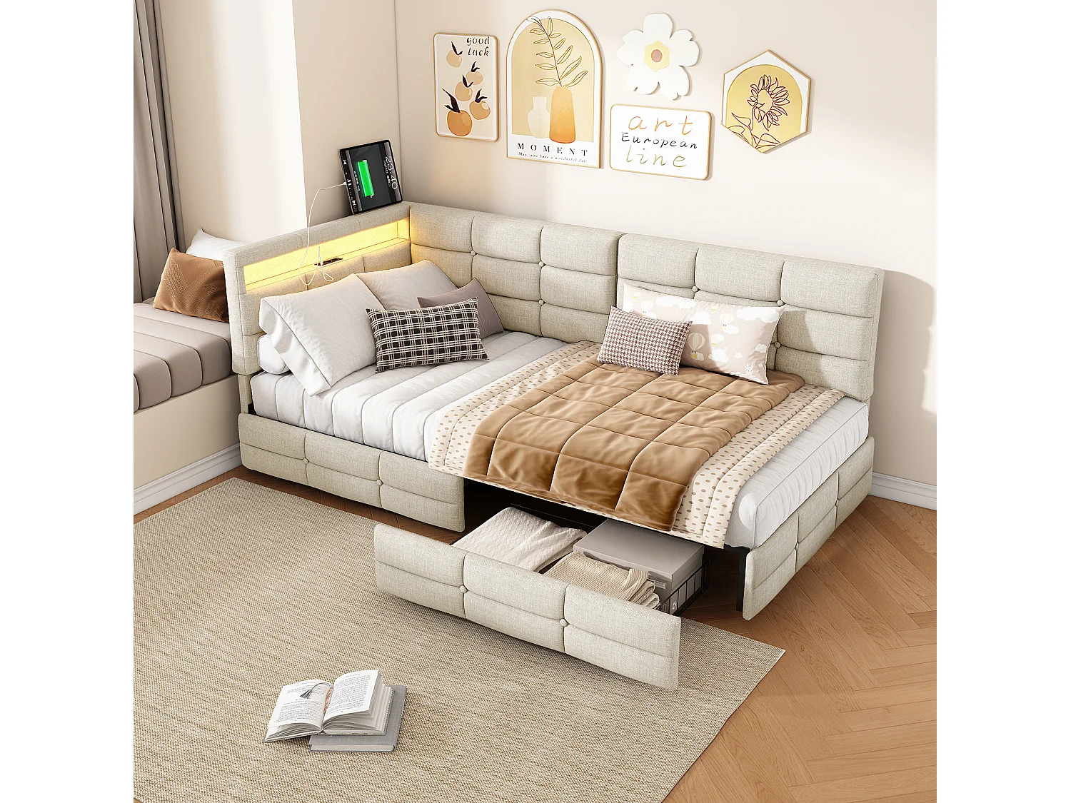 Lit Simple 90x200cm, Cadre De Lit Rembourré En Forme De L, Avec Port De Chargement Usb, Éclairage Led, Tiroir De Rangement, Tissu En Lin, Beige