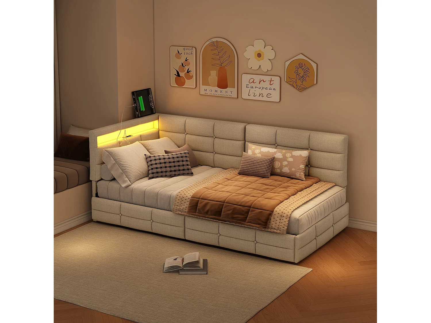 Lit Simple 90x200cm, Cadre De Lit Rembourré En Forme De L, Avec Port De Chargement Usb, Éclairage Led, Tiroir De Rangement, Tissu En Lin, Beige