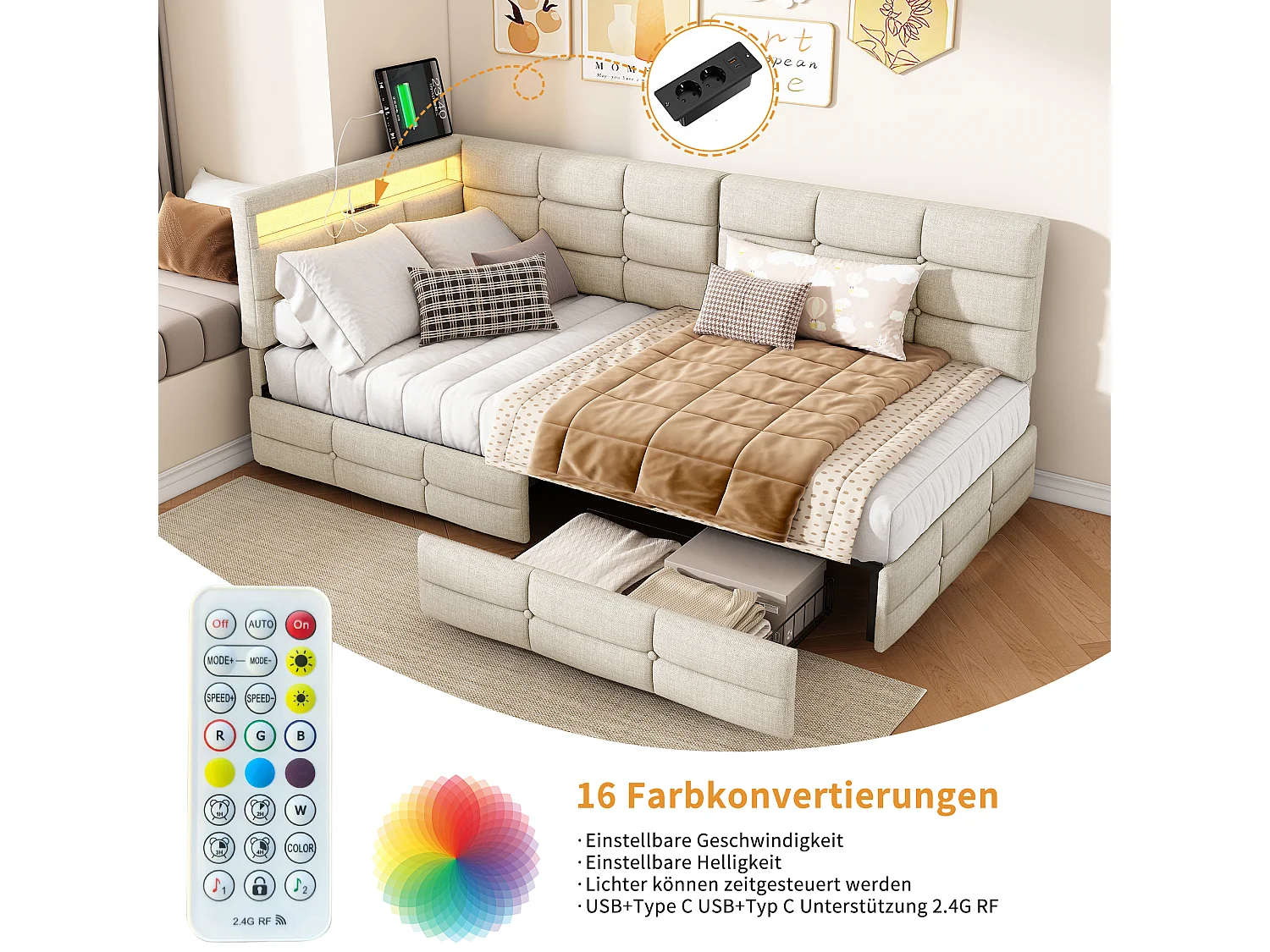 Lit Simple 90x200cm, Cadre De Lit Rembourré En Forme De L, Avec Port De Chargement Usb, Éclairage Led, Tiroir De Rangement, Tissu En Lin, Beige