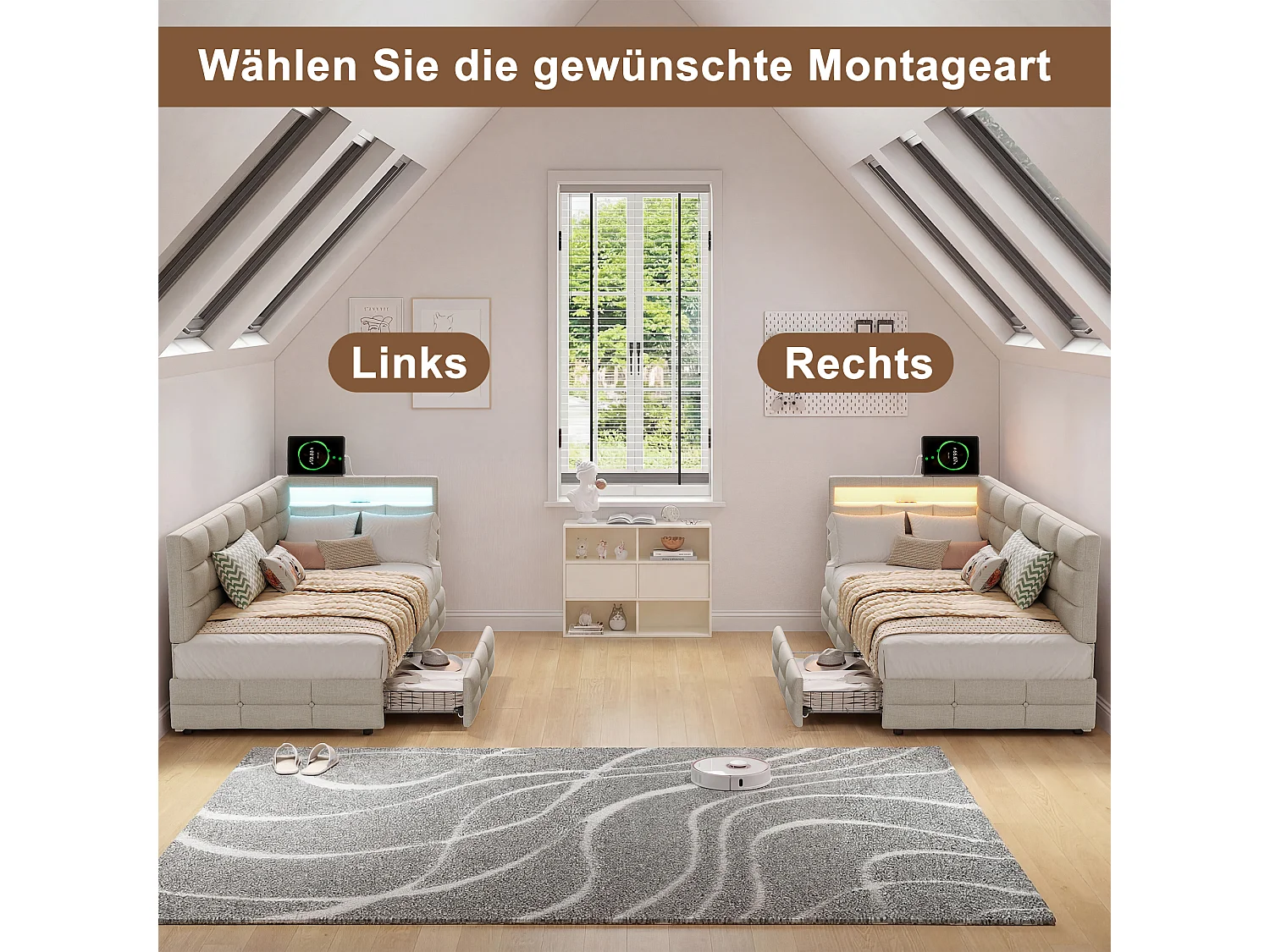 Lit Simple 90x200cm, Cadre De Lit Rembourré En Forme De L, Avec Port De Chargement Usb, Éclairage Led, Tiroir De Rangement, Tissu En Lin, Beige