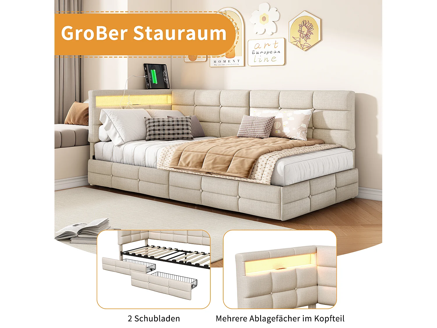Lit Simple 90x200cm, Cadre De Lit Rembourré En Forme De L, Avec Port De Chargement Usb, Éclairage Led, Tiroir De Rangement, Tissu En Lin, Beige