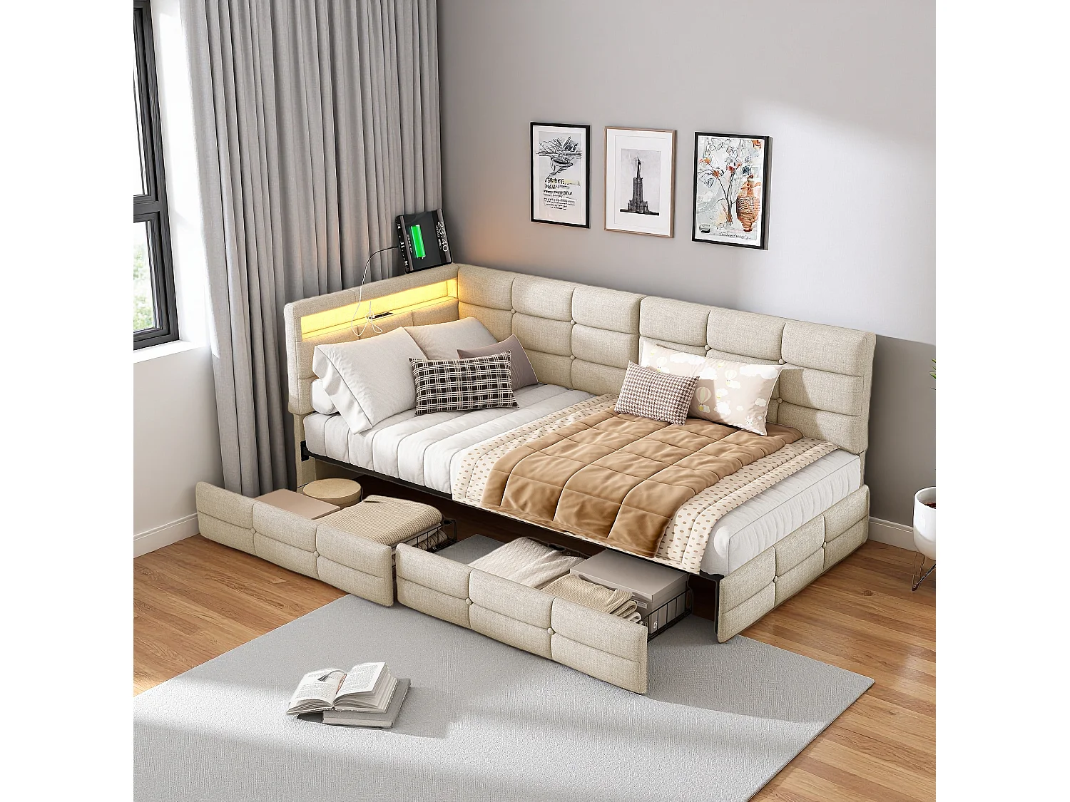 Lit Simple 90x200cm, Cadre De Lit Rembourré En Forme De L, Avec Port De Chargement Usb, Éclairage Led, Tiroir De Rangement, Tissu En Lin, Beige