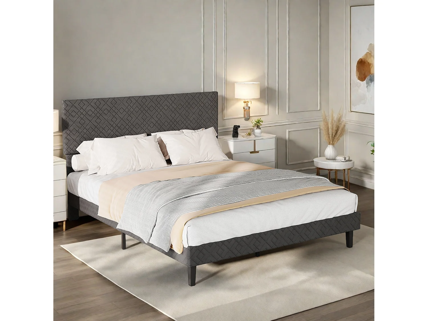 Lit Double 140 X 200 Cm, Cadre De Lit Avec Tête De Lit Et Sommier À Lattes, Gris Fonché, Idéal Pour Une Chambre À Coucher