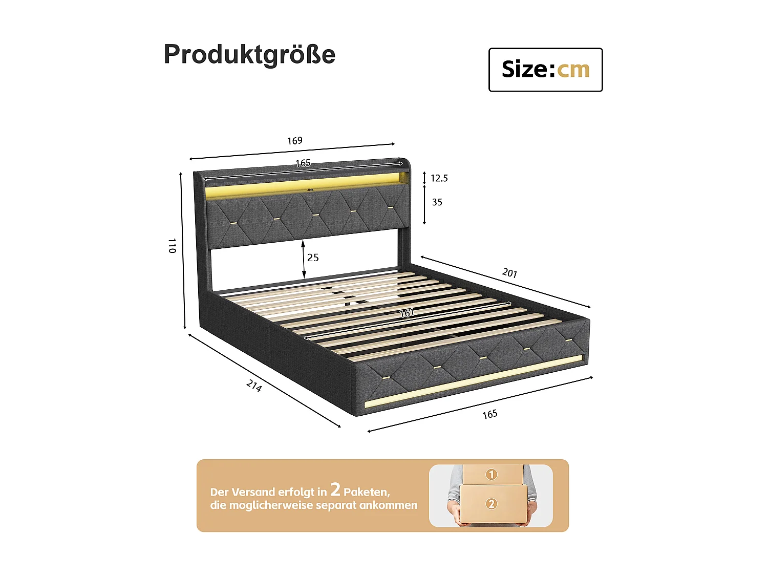 Lit Coffre Capiçonné 160 X 200 Cm, Lit Plateforme En Lin Avec Éclairage Led Rgb Et Station De Recharge, Gris