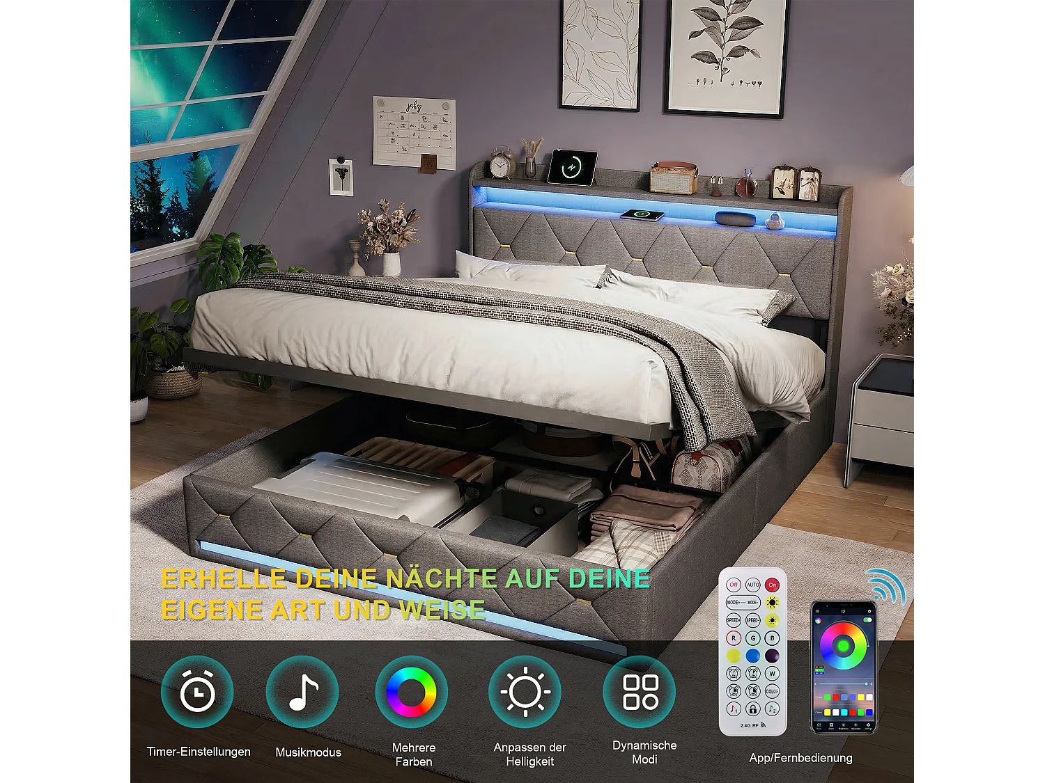 Lit Coffre Capiçonné 160 X 200 Cm, Lit Plateforme En Lin Avec Éclairage Led Rgb Et Station De Recharge, Gris
