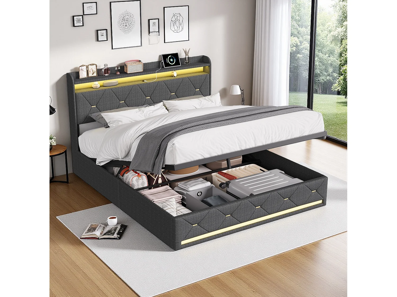 Lit Coffre Capiçonné 160 X 200 Cm, Lit Plateforme En Lin Avec Éclairage Led Rgb Et Station De Recharge, Gris