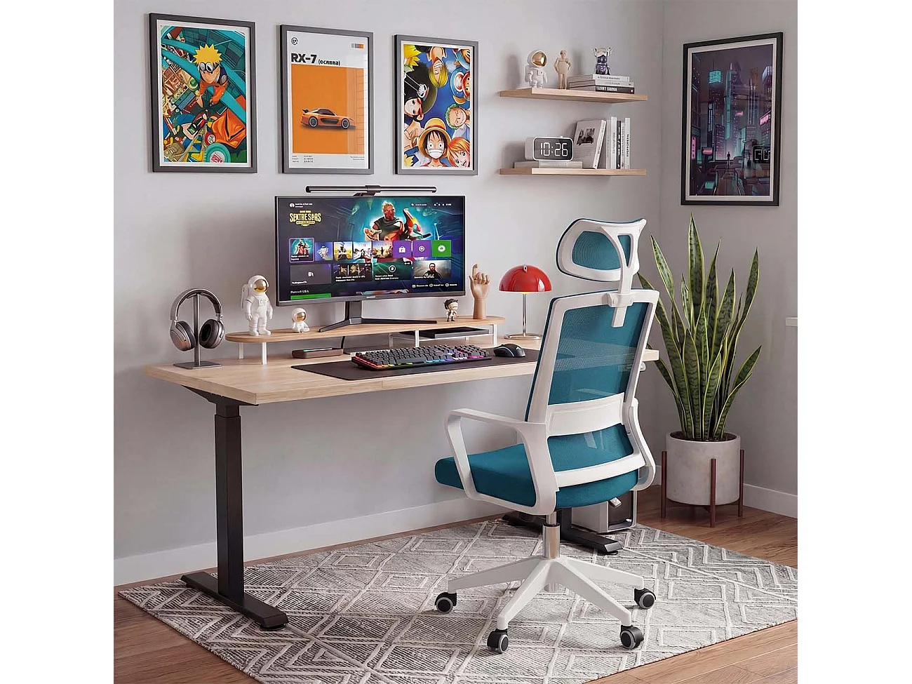 Silla de oficina ergonómica en blanco y turquesa 111-121x51 cm Dafne Tex Blanco - Turquesa