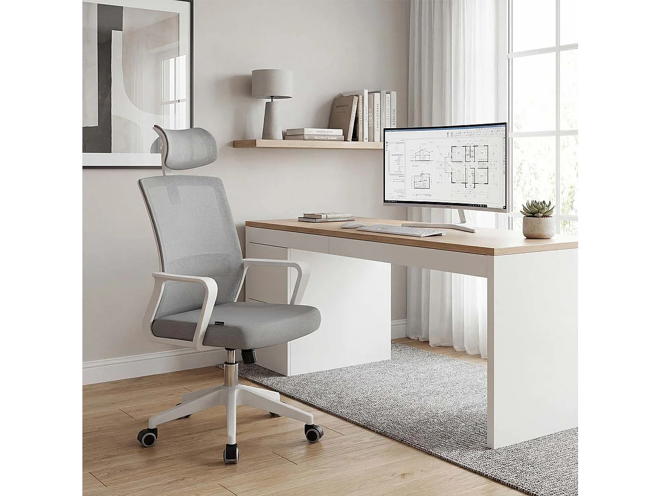 Silla de oficina ergonómica en blanco y gris 111-121x51 cm Dafne Tex Blanco - Gris