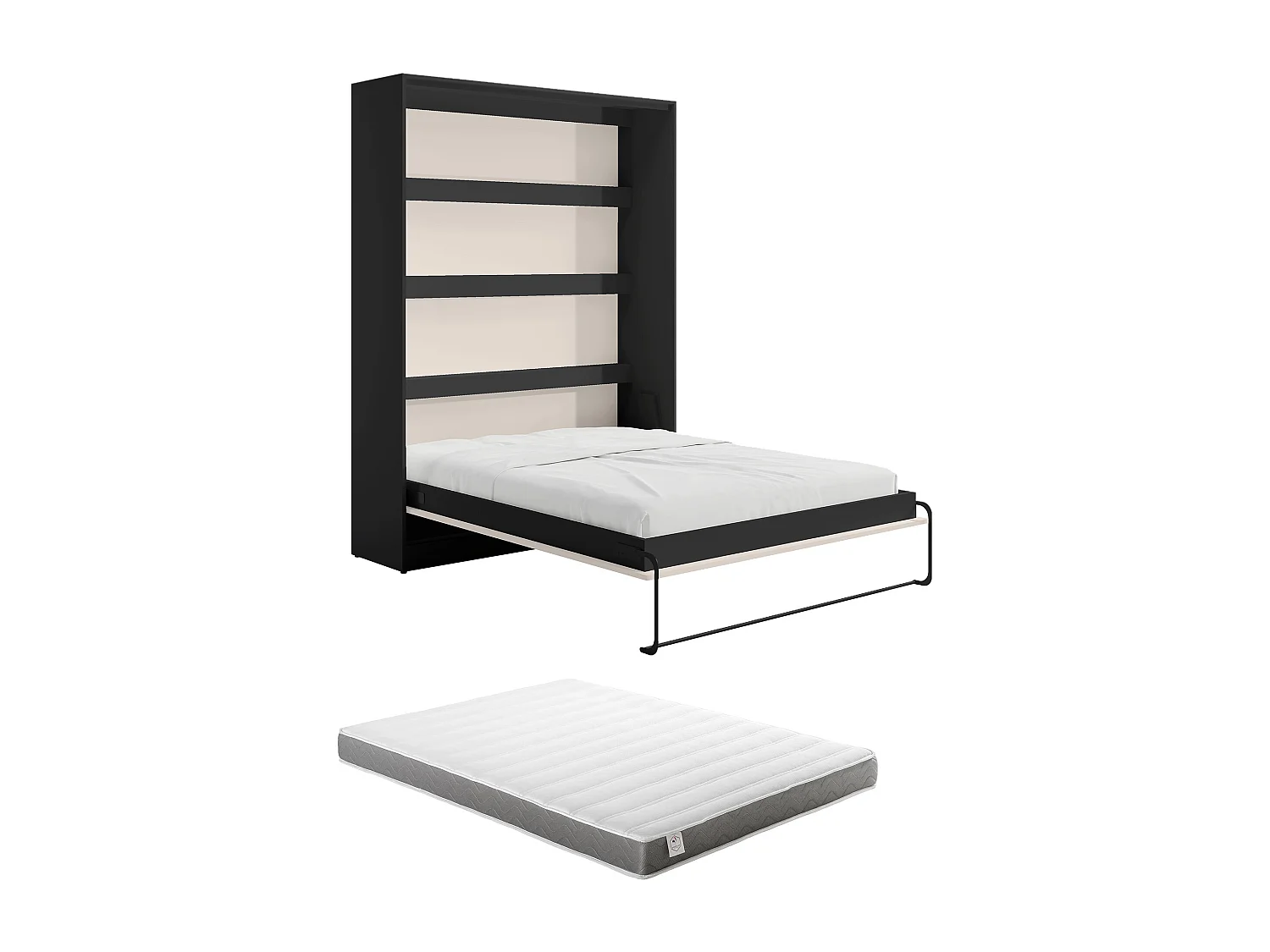 Lit escamotable 160 x 200 cm - Ouverture verticale manuelle - Avec LEDs - Noir et beige + Matelas - RAPILI