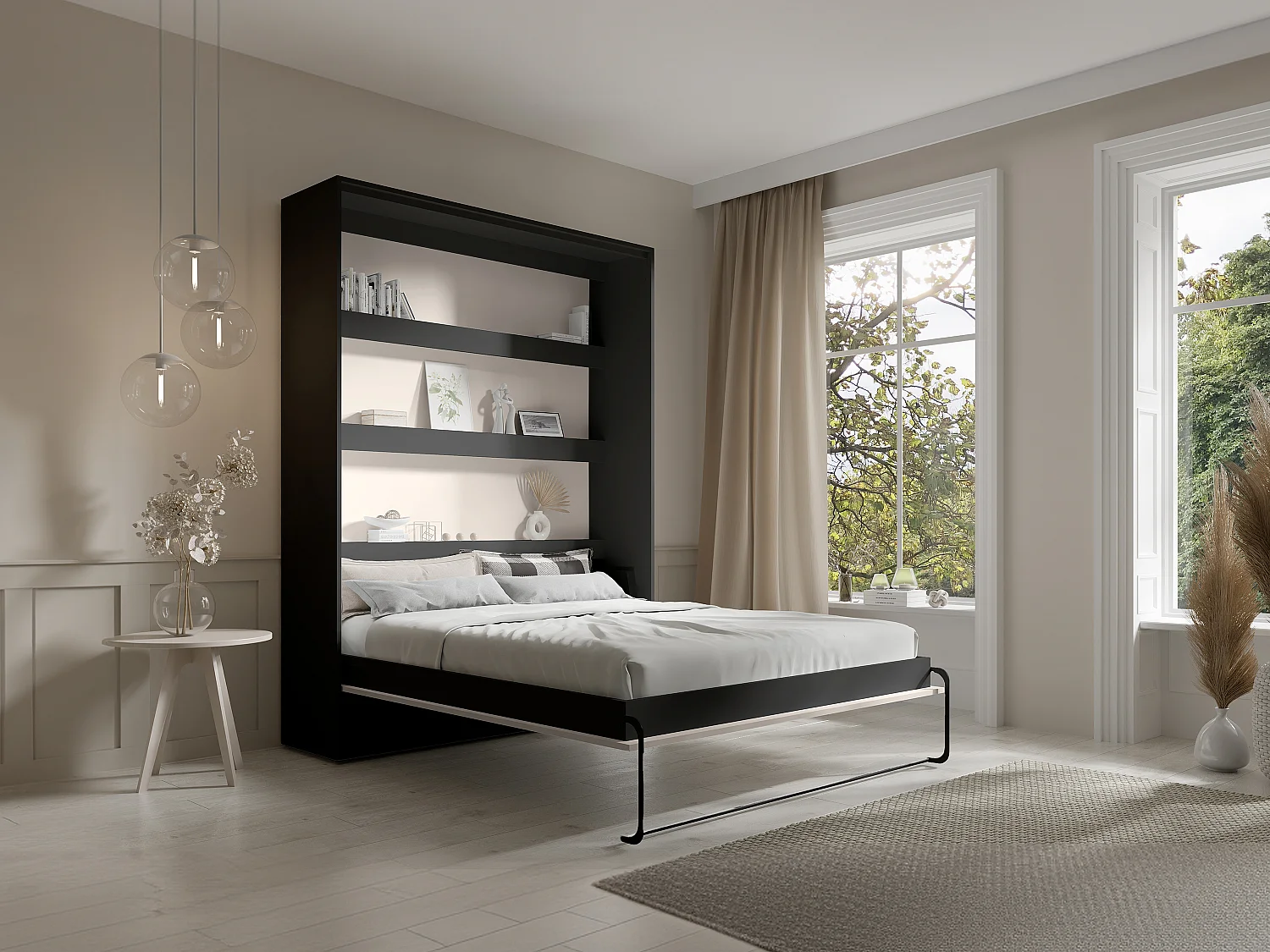 Lit escamotable 160 x 200 cm - Ouverture verticale manuelle - Avec LEDs - Noir et beige + Matelas - RAPILI