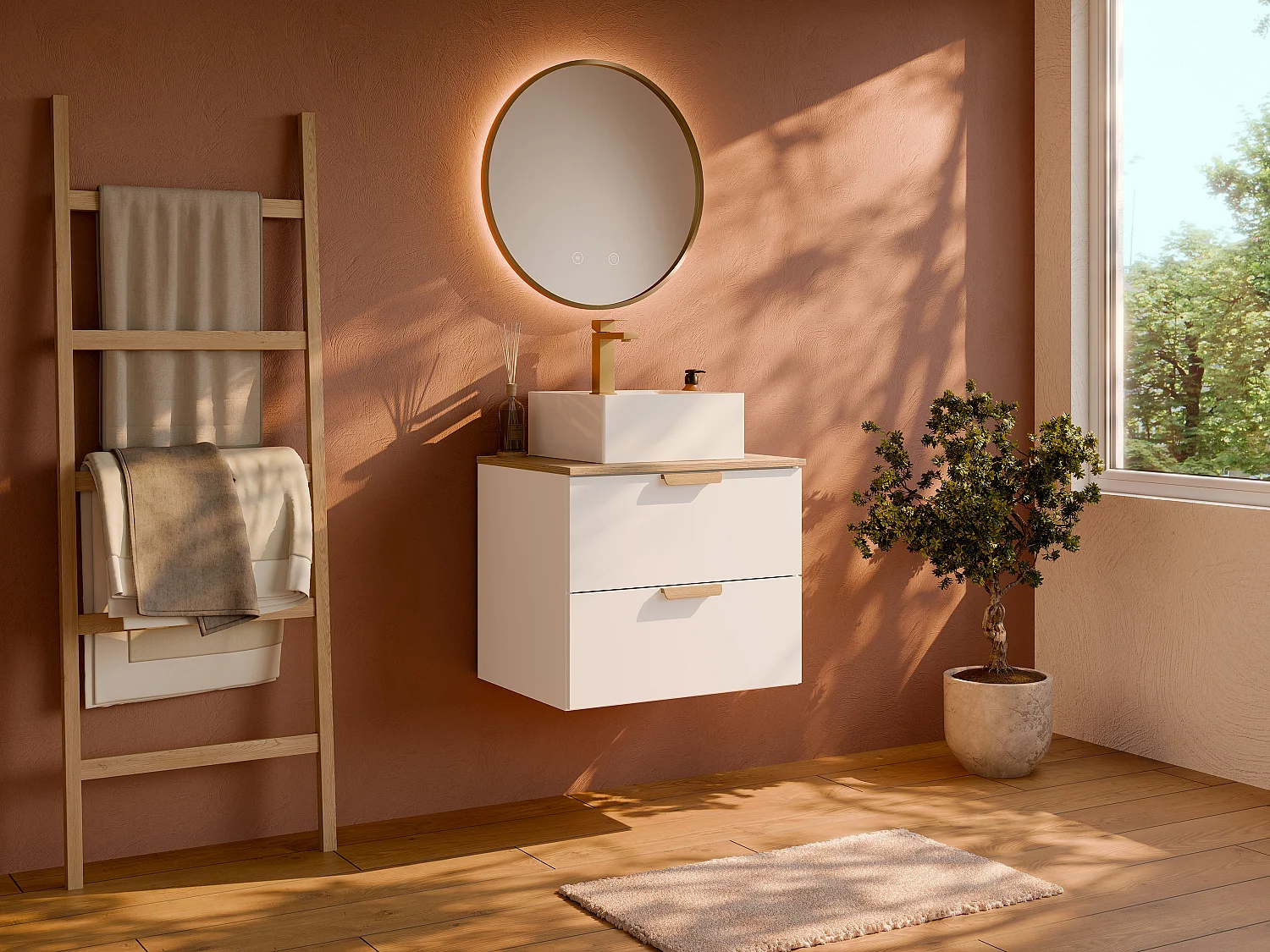 Meuble de salle de bain suspendu avec vasque à poser carrée et robinet – Blanc – L60 cm – AVORELI