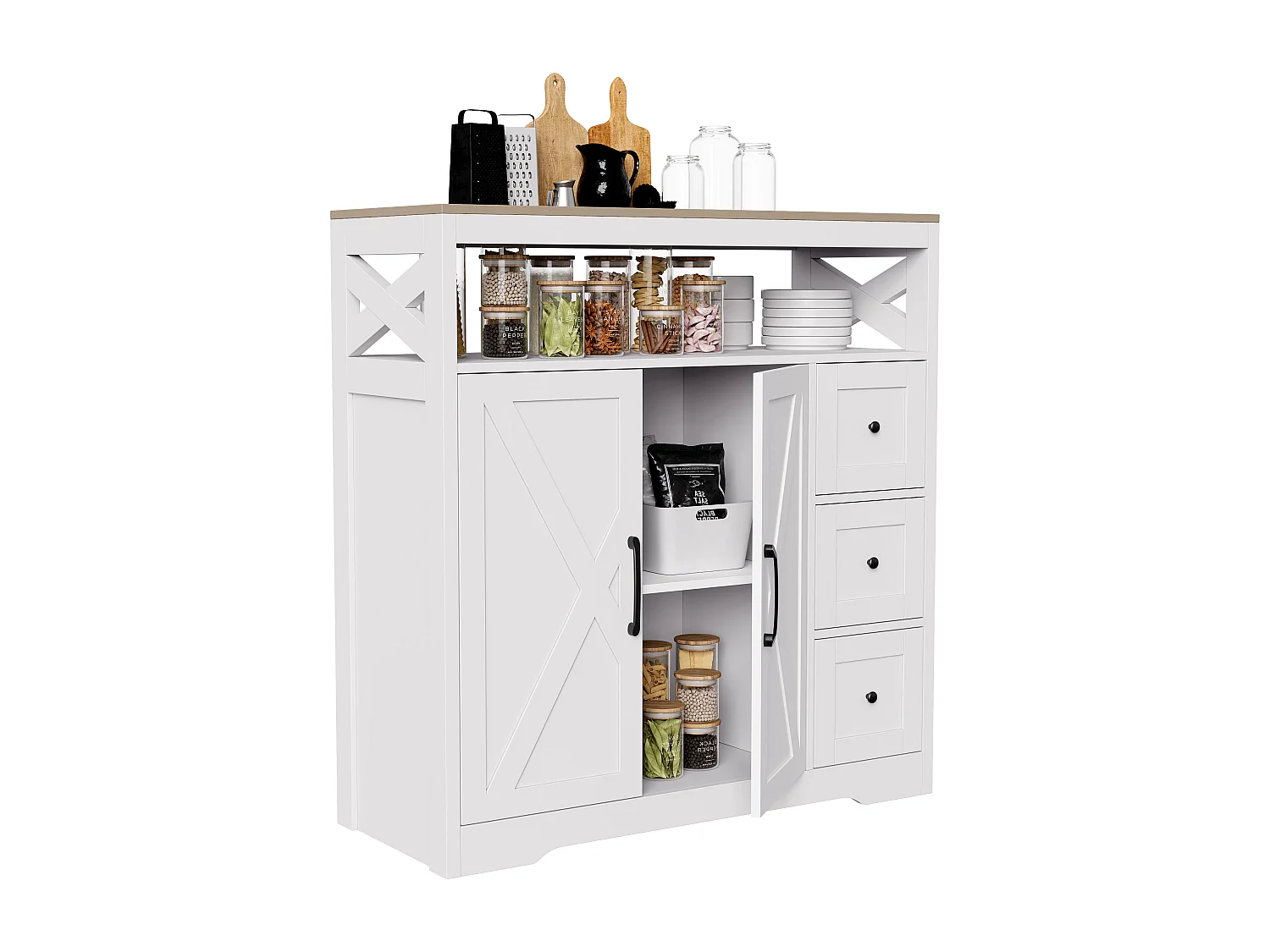Aparador de cocina, mueble de almacenamiento con 3 cajones y 2 puertas, estante ajustable, 100x40x105 cm, blanco