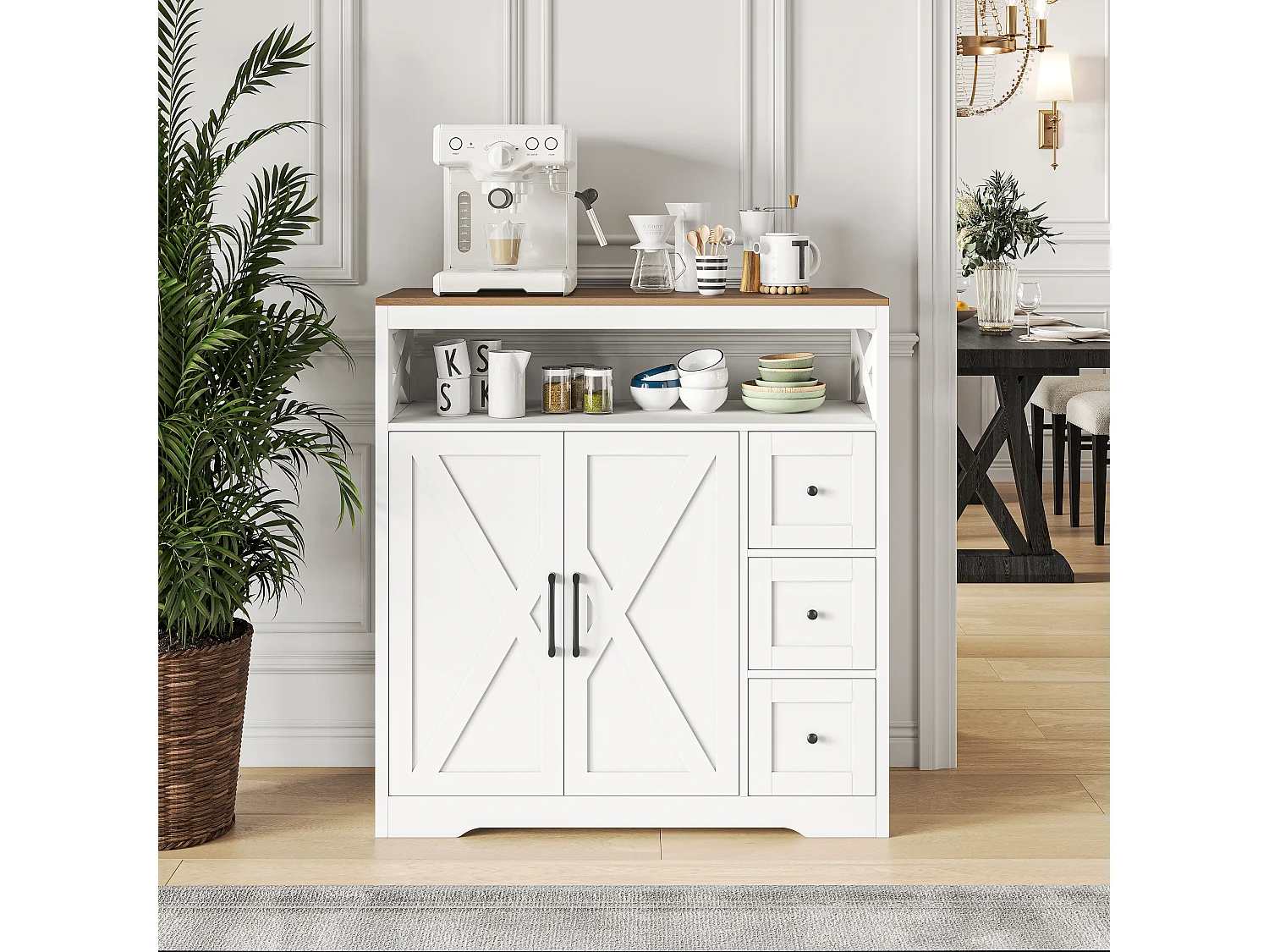 Aparador de cocina, mueble de almacenamiento con 3 cajones y 2 puertas, estante ajustable, 100x40x105 cm, blanco