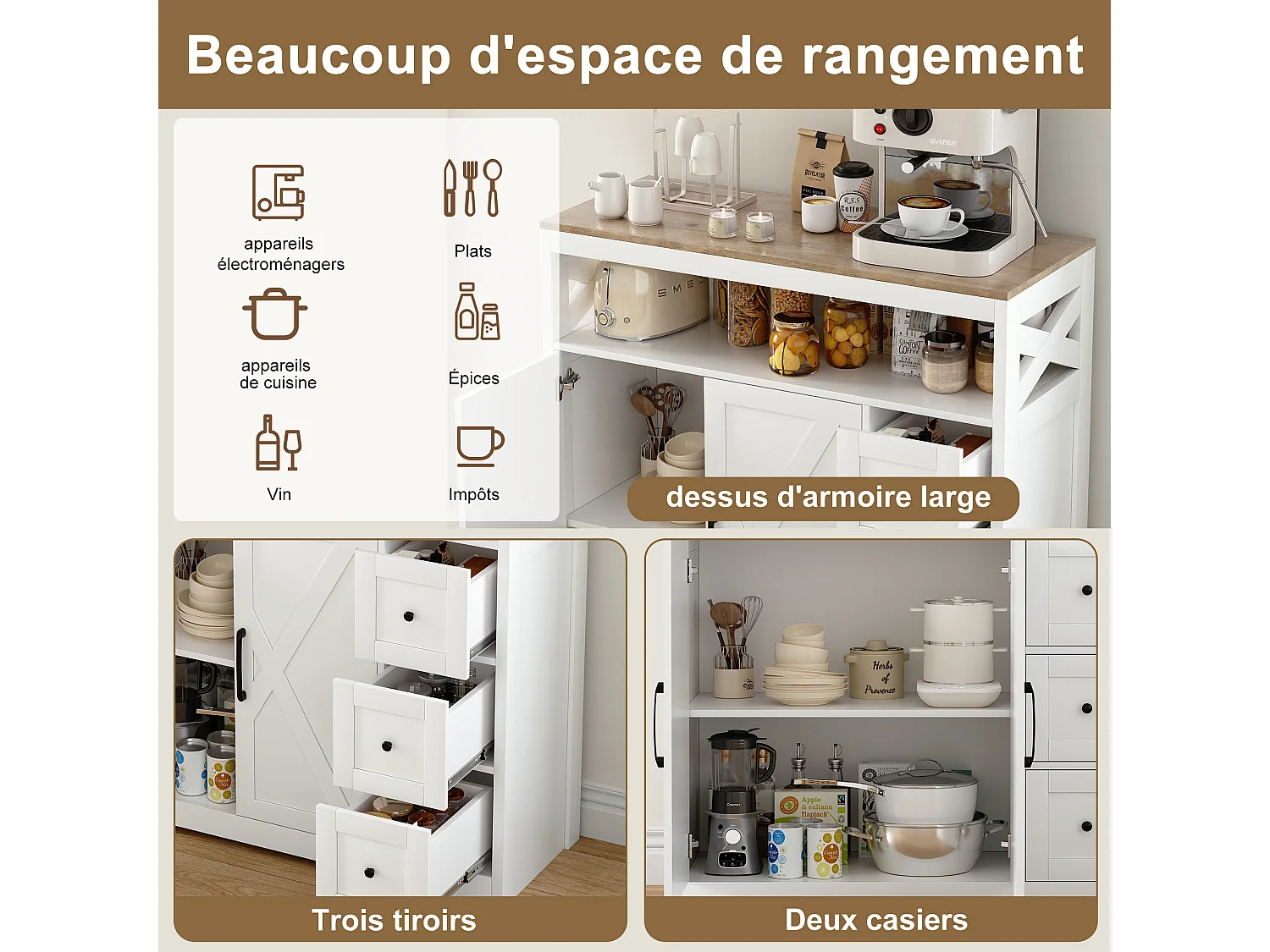 Aparador de cocina, mueble de almacenamiento con 3 cajones y 2 puertas, estante ajustable, 100x40x105 cm, blanco