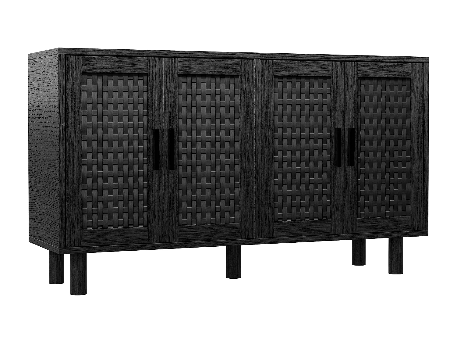 Buffet 4 Portes Chambre, Cadre en Bois, Commode en Rotin Buffet pour Salon, Entrée, 140x40x80 cm, Noir
