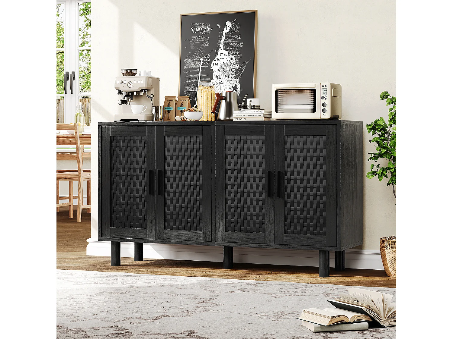 Buffet 4 Portes Chambre, Cadre en Bois, Commode en Rotin Buffet pour Salon, Entrée, 140x40x80 cm, Noir