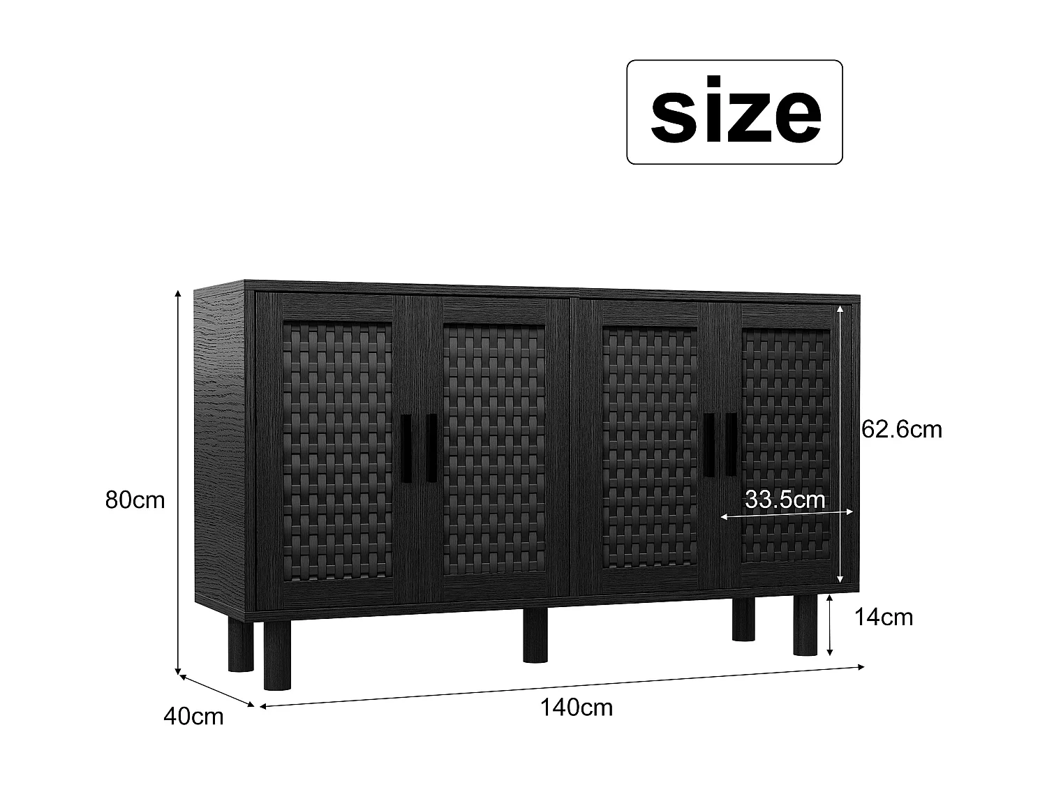Buffet 4 Portes Chambre, Cadre en Bois, Commode en Rotin Buffet pour Salon, Entrée, 140x40x80 cm, Noir