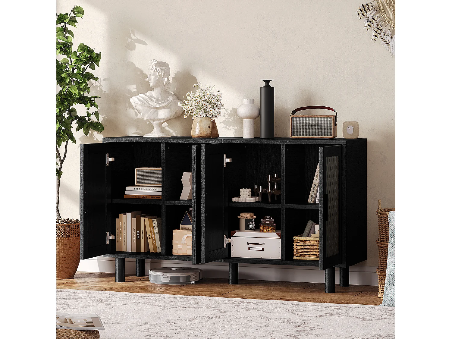 Buffet 4 Portes Chambre, Cadre en Bois, Commode en Rotin Buffet pour Salon, Entrée, 140x40x80 cm, Noir