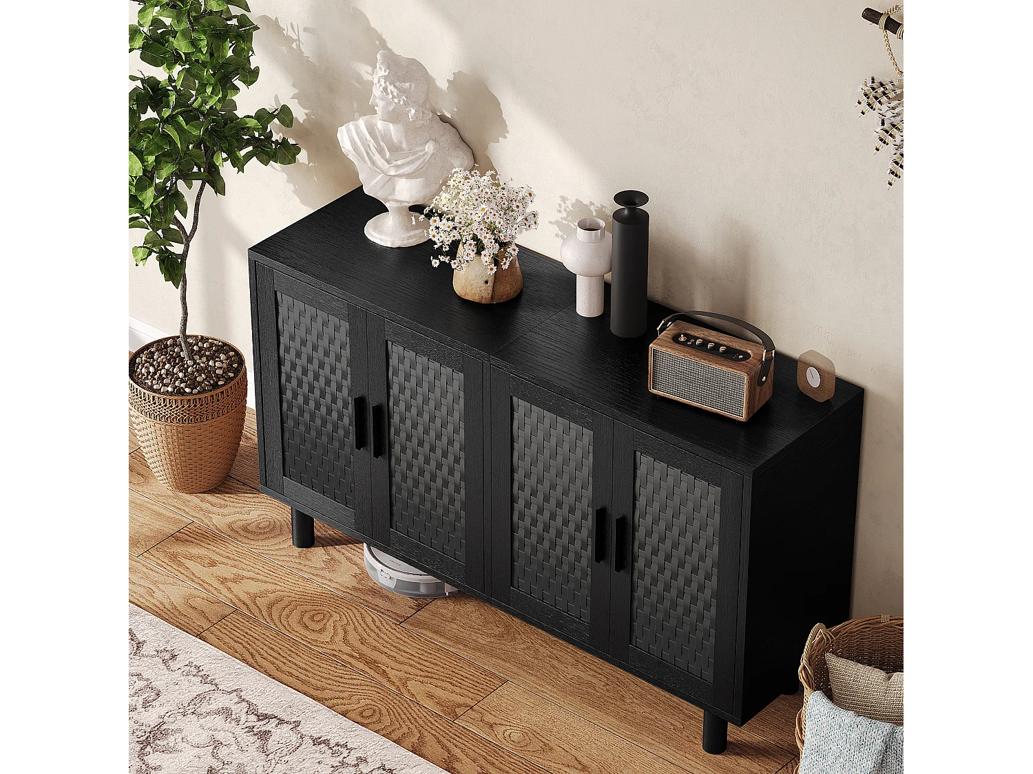 Buffet 4 Portes Chambre, Cadre en Bois, Commode en Rotin Buffet pour Salon, Entrée, 140x40x80 cm, Noir