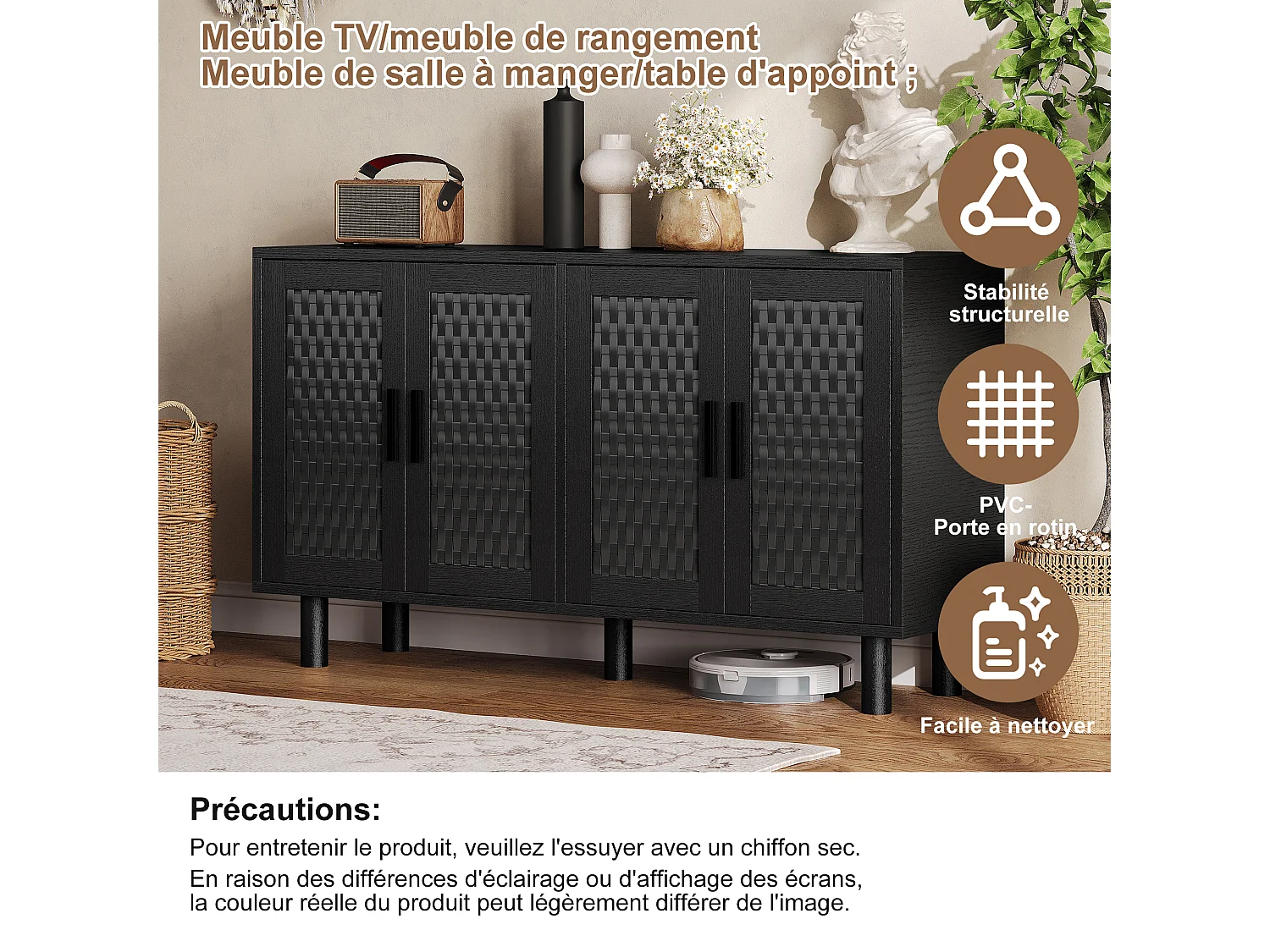 Buffet 4 Portes Chambre, Cadre en Bois, Commode en Rotin Buffet pour Salon, Entrée, 140x40x80 cm, Noir