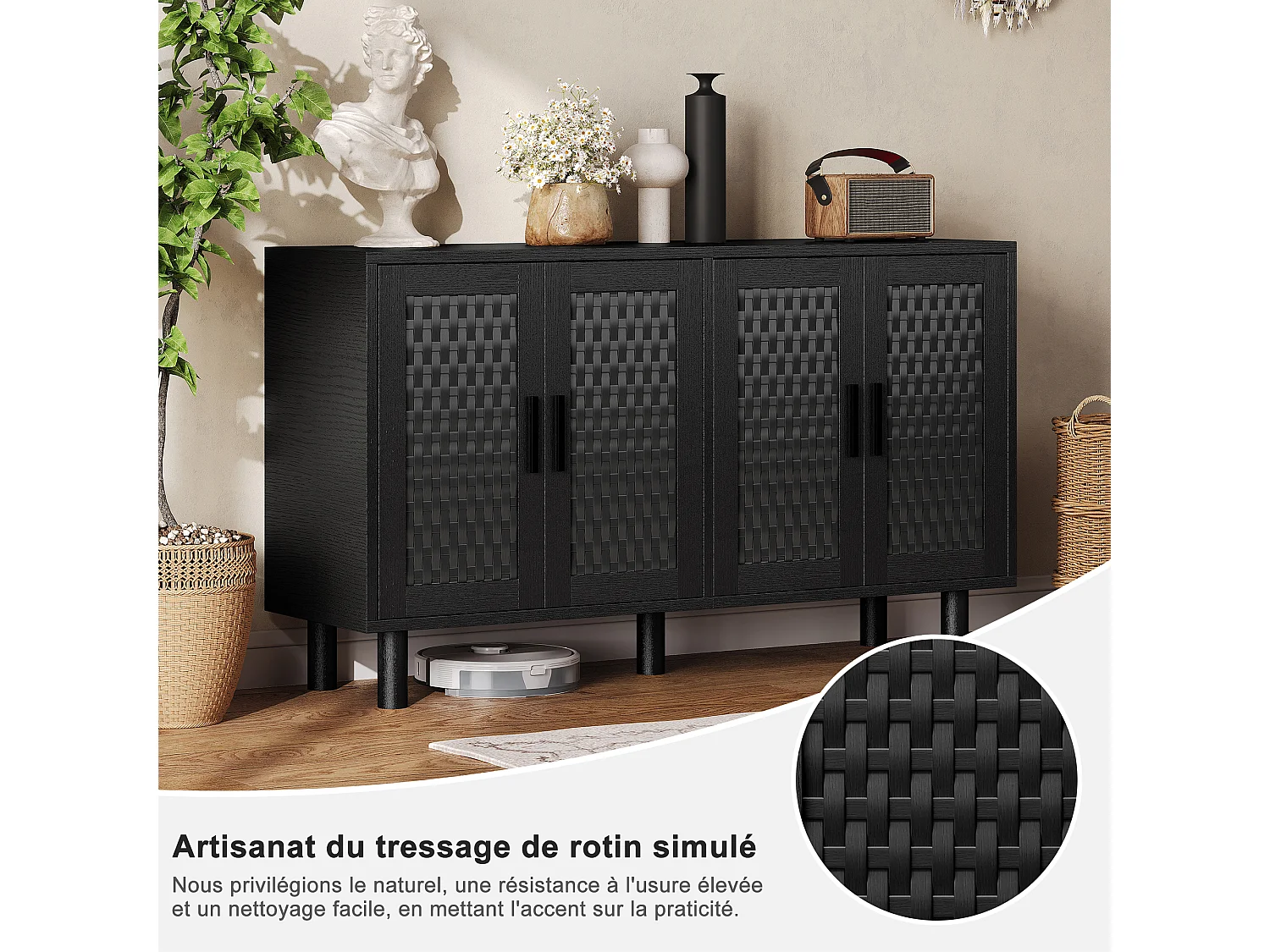 Buffet 4 Portes Chambre, Cadre en Bois, Commode en Rotin Buffet pour Salon, Entrée, 140x40x80 cm, Noir