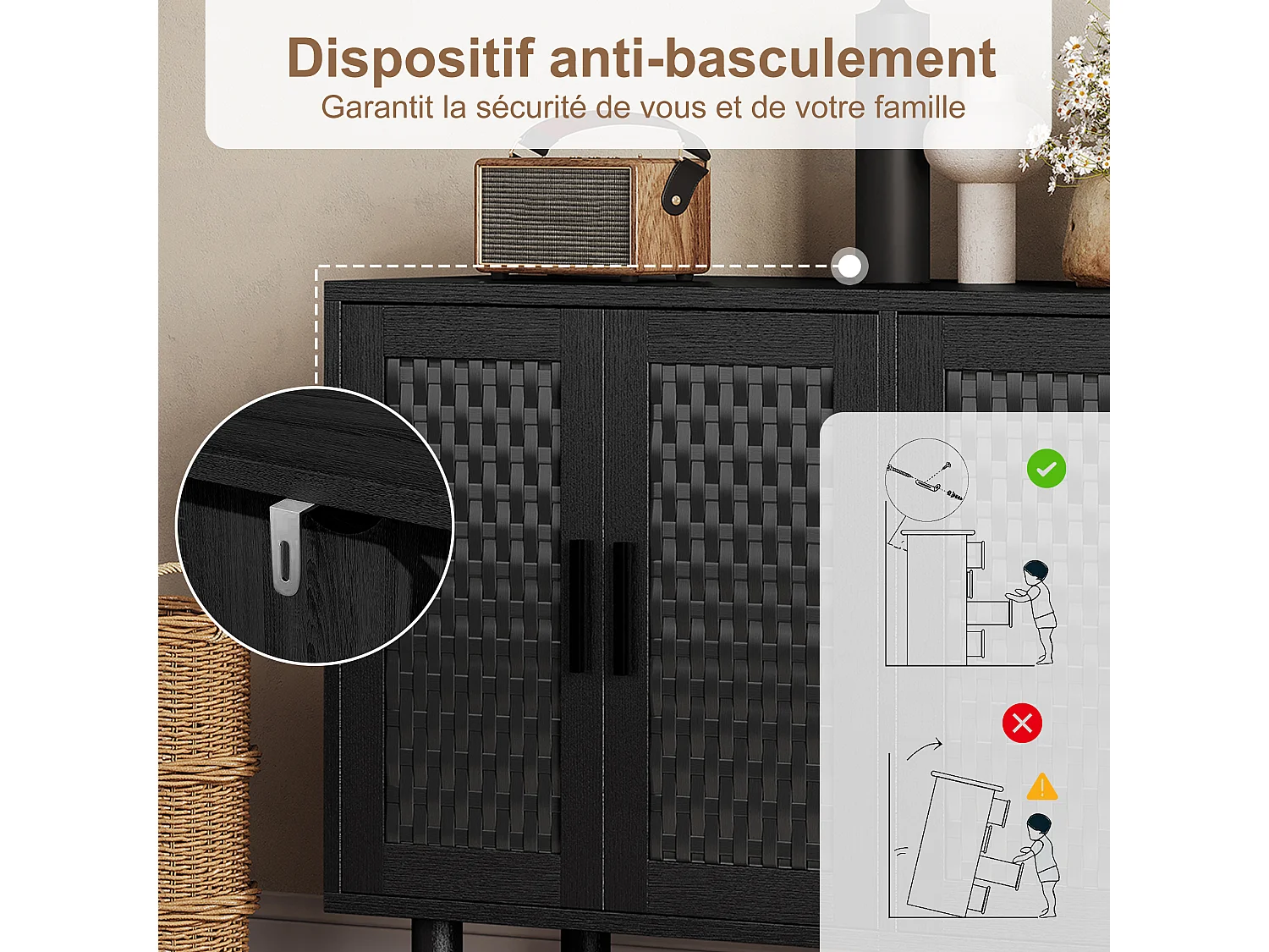 Buffet 4 Portes Chambre, Cadre en Bois, Commode en Rotin Buffet pour Salon, Entrée, 140x40x80 cm, Noir