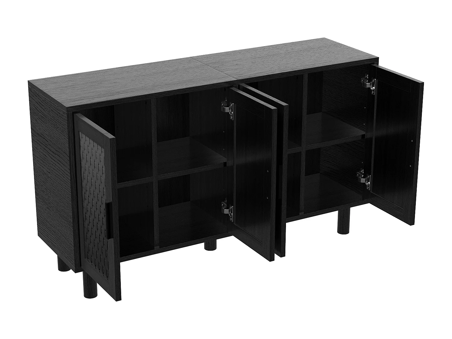 Buffet 4 Portes Chambre, Cadre en Bois, Commode en Rotin Buffet pour Salon, Entrée, 140x40x80 cm, Noir