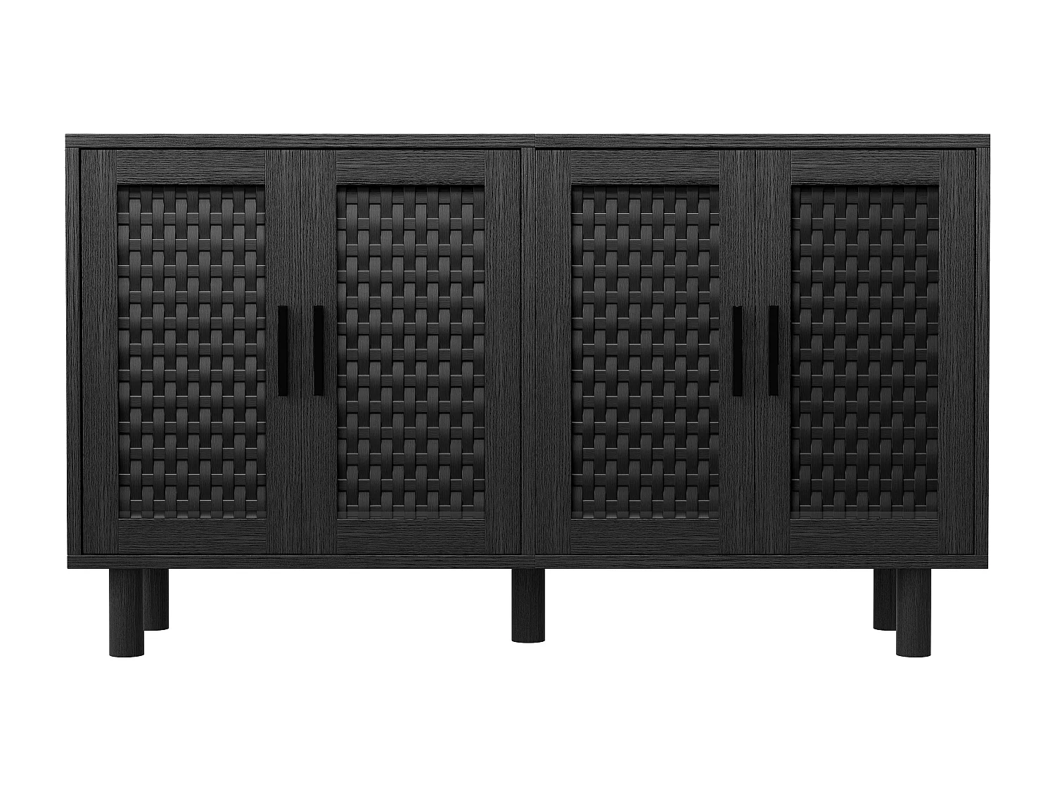 Buffet 4 Portes Chambre, Cadre en Bois, Commode en Rotin Buffet pour Salon, Entrée, 140x40x80 cm, Noir