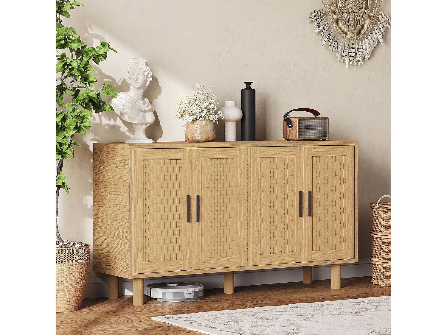 Buffet 4 Portes Chambre, Cadre en Bois, Commode en Rotin Buffet pour Salon, Entrée, 140x40x80 cm, Chêne