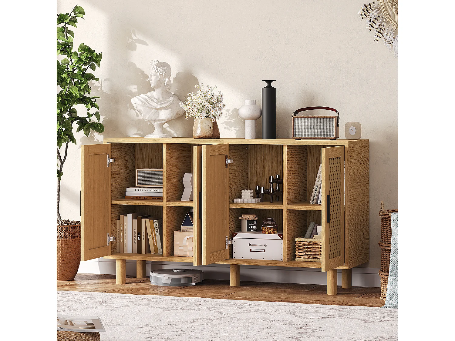 Buffet 4 Portes Chambre, Cadre en Bois, Commode en Rotin Buffet pour Salon, Entrée, 140x40x80 cm, Chêne