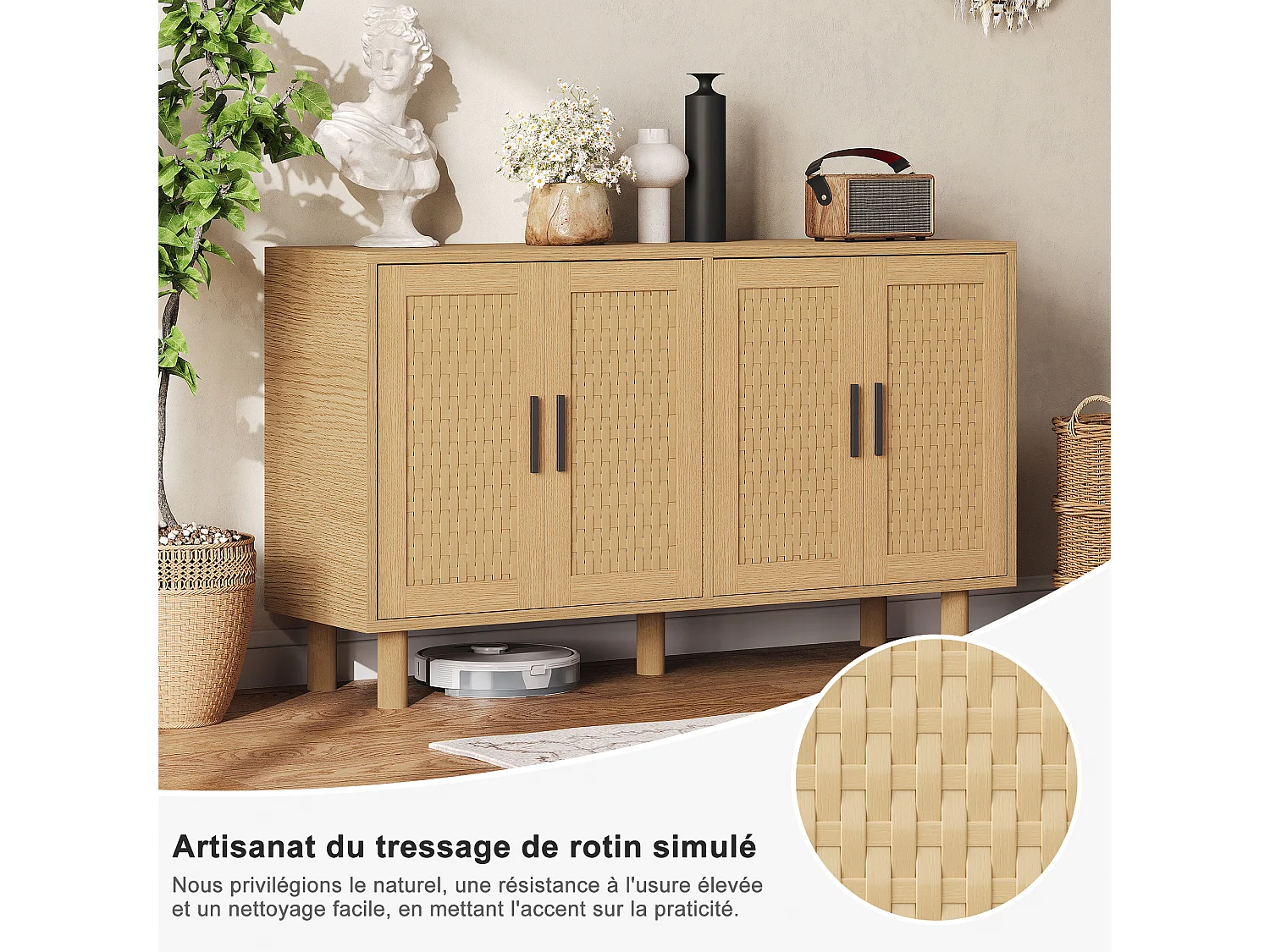 Buffet 4 Portes Chambre, Cadre en Bois, Commode en Rotin Buffet pour Salon, Entrée, 140x40x80 cm, Chêne