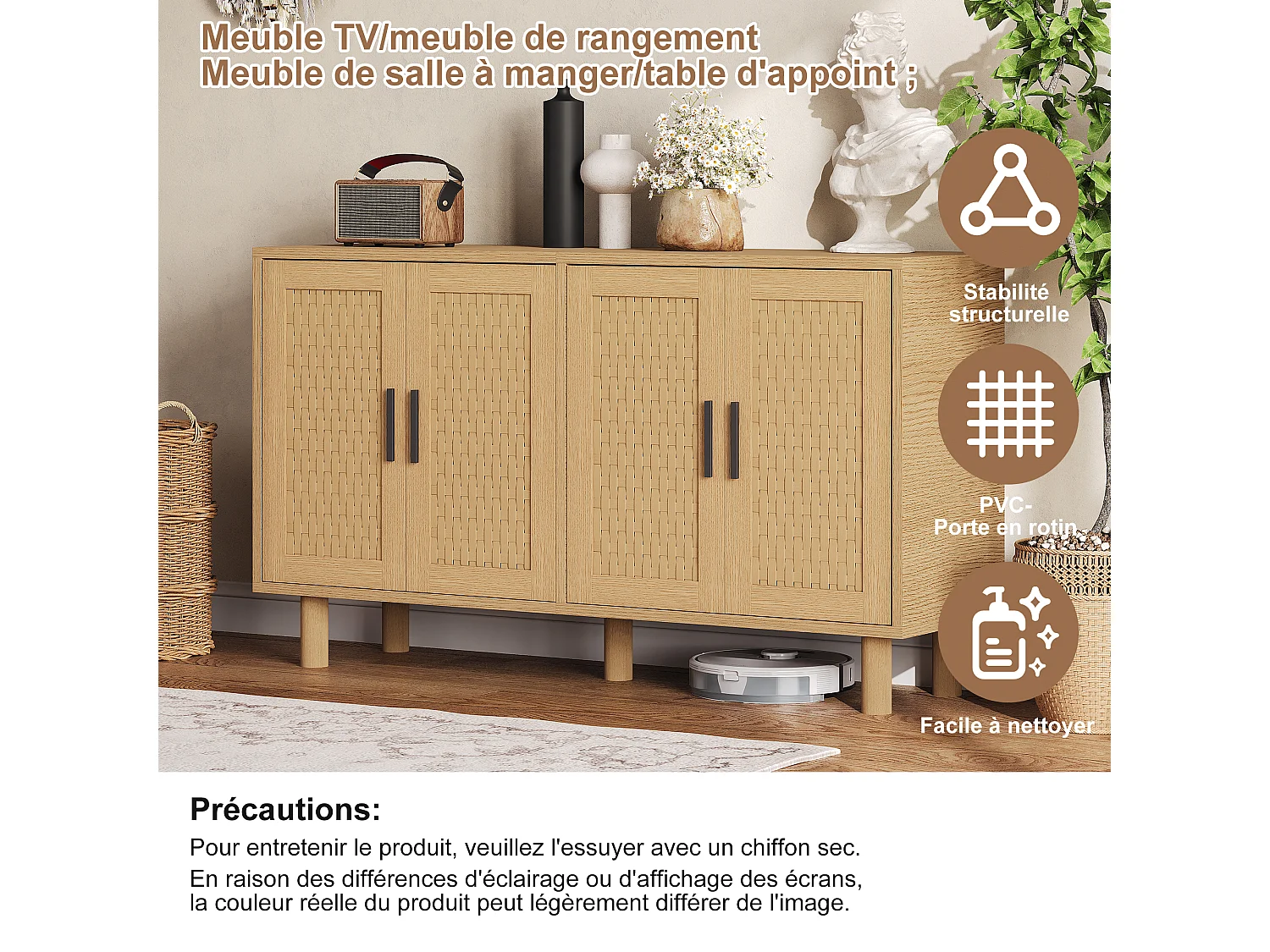 Buffet 4 Portes Chambre, Cadre en Bois, Commode en Rotin Buffet pour Salon, Entrée, 140x40x80 cm, Chêne